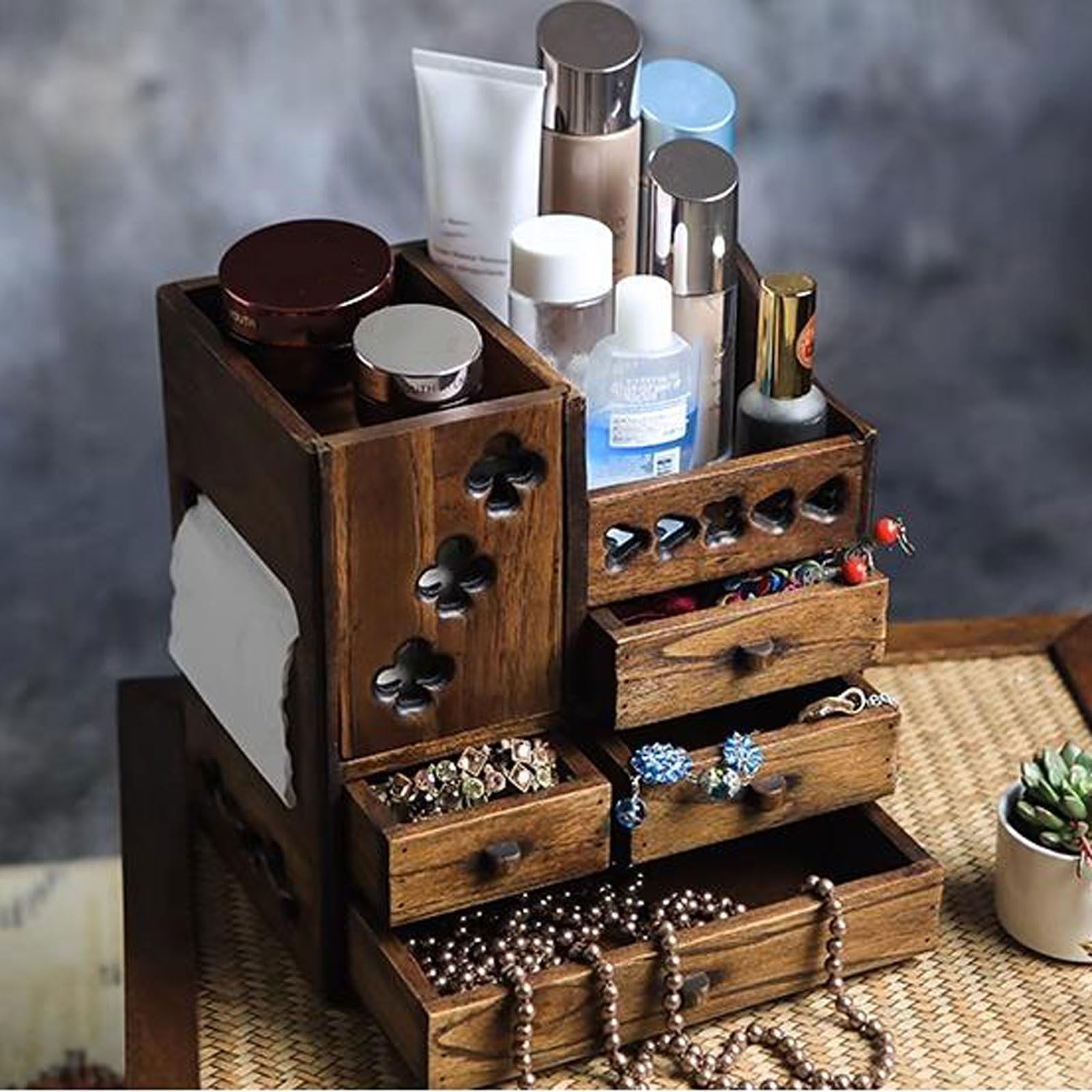Make-Up-Organizer Make-up-Organizer und Aufbewahrung aus massivem Holz mit 4 Schubladen, Schmuckschatulle, Kosmetik-Organizer auf der Arbeitsplatte