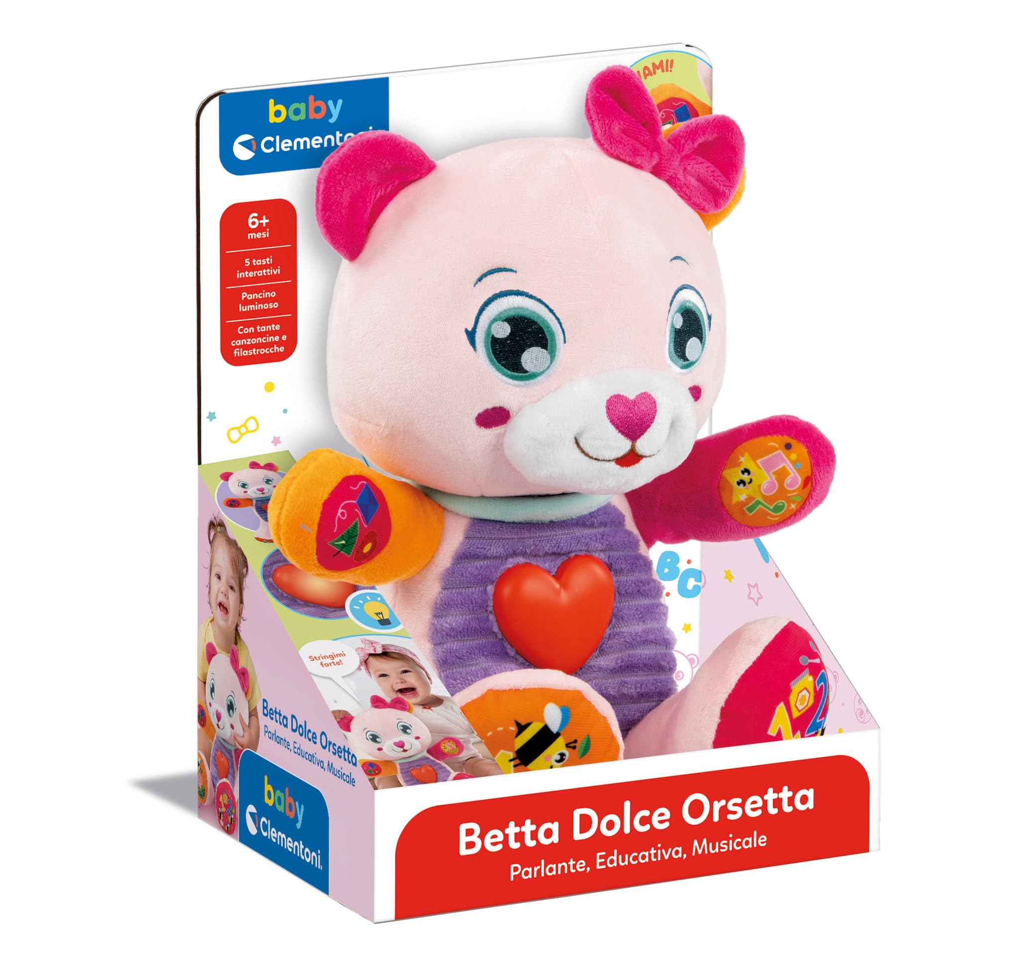 Clementoni Baby Betta Dolce Orsetta, Peluche Interattivo Parlante per Bambini di 6+ Mesi, Centro attività Che Stimola Lo Sviluppo Sensoriale e Cognitivo, Lingua Italiana, 17964