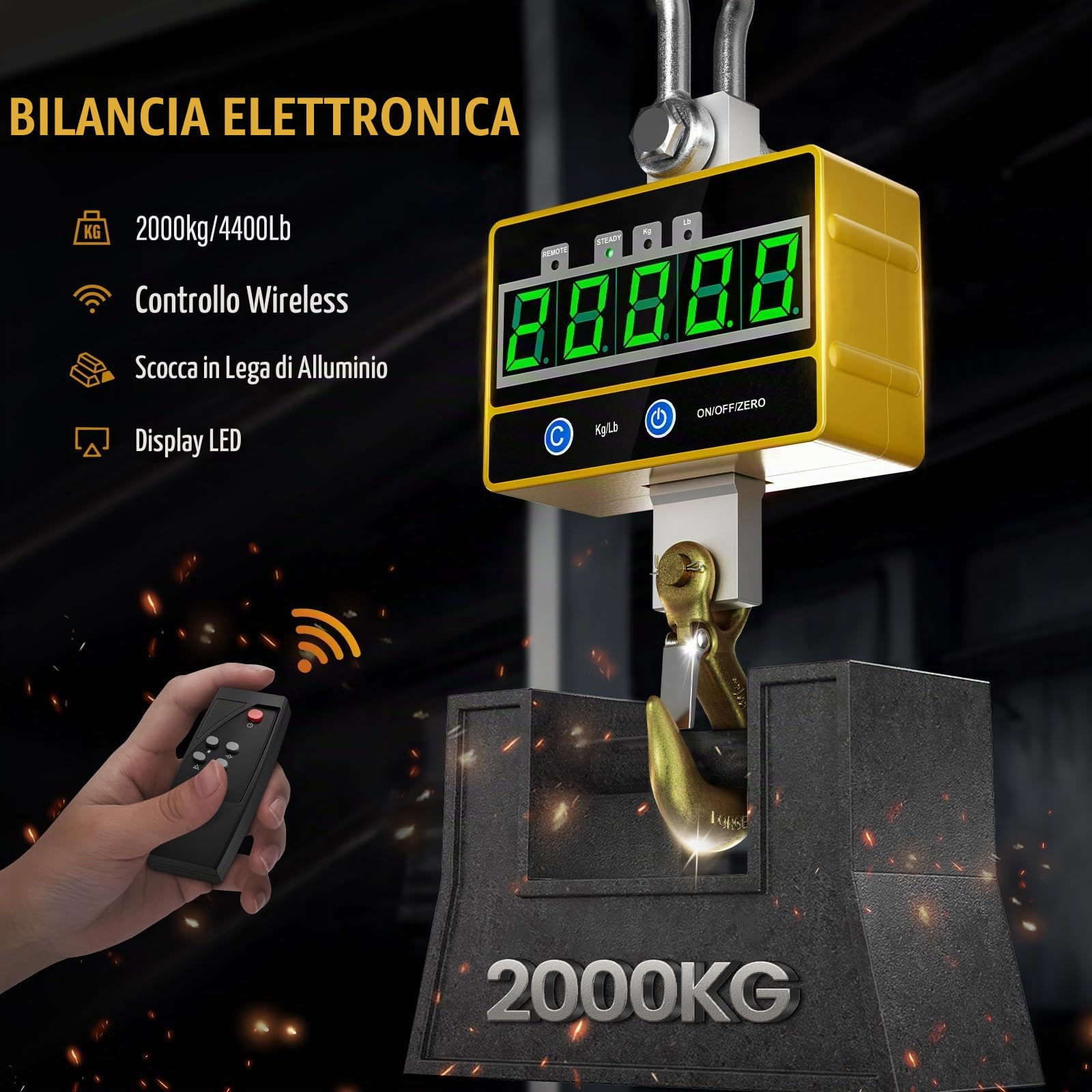 Pesante Bilancia Industriale 2000 kg per impieghi gravosi Bilancia per Gru Digitale Ricaricabile con Telecomando 2T Bilancia a Sospensione Elettronica ad Alta precisione da 2T