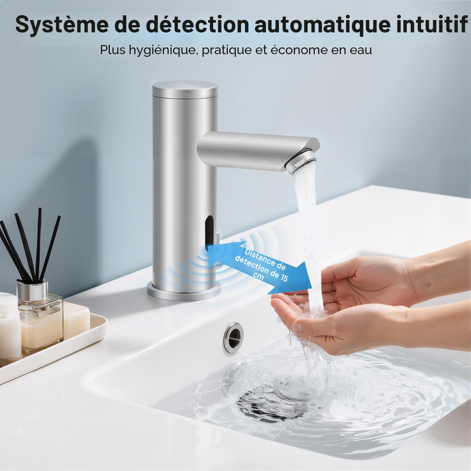 Robinet à capteur, robinets automatiques, robinets sans contact, robinets de salle de bain à capteur, robinets monocommande de salle de bain, fonctionnement sur batterie.