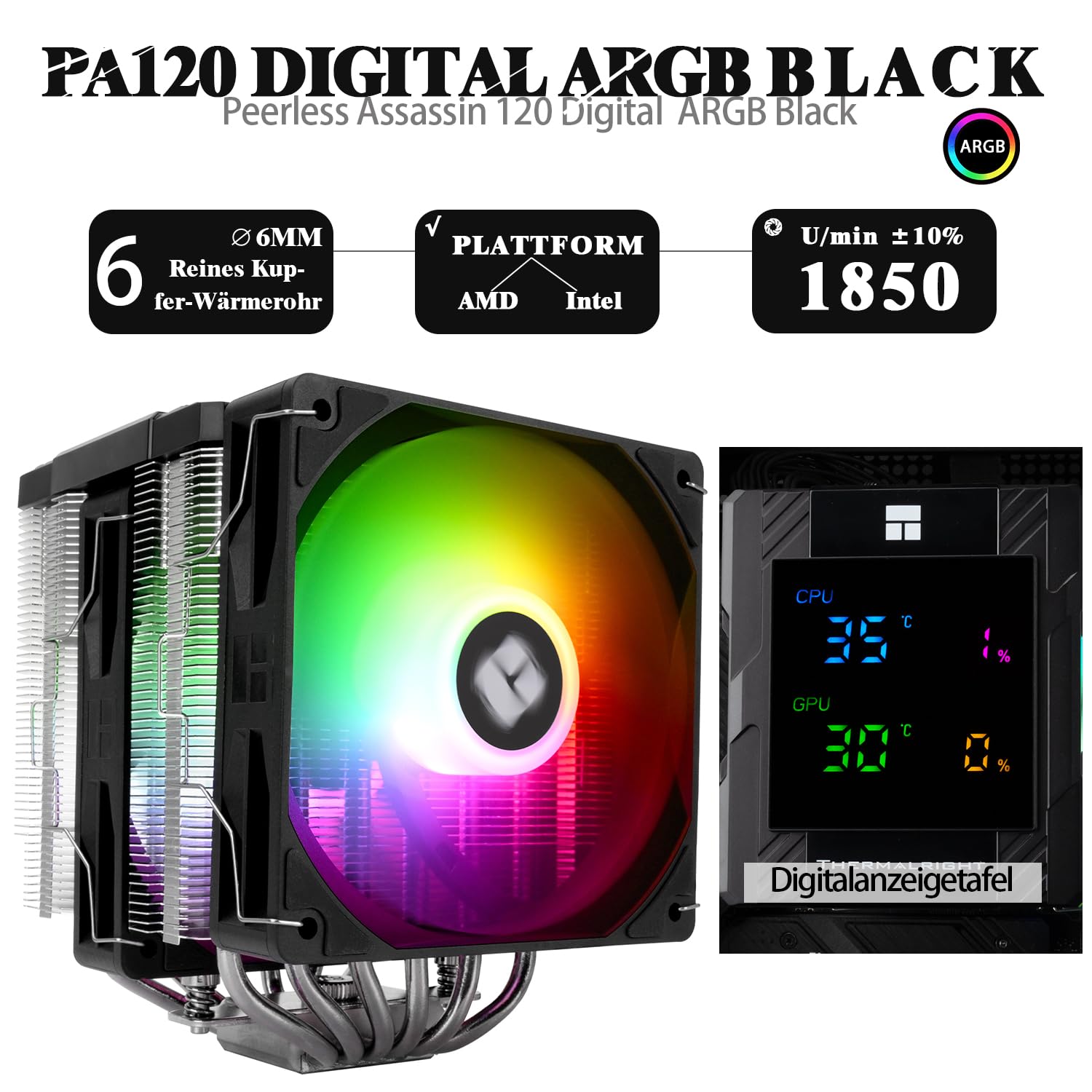 TR-Thermalright Peerless Assassin 120 Digital ARGB Negro Enfriador de CPU de Doble Torre con 6 Heatpipes, Placa de Visualización Digital Cubierta Superior, para AM5/AM4/lga1851/1700