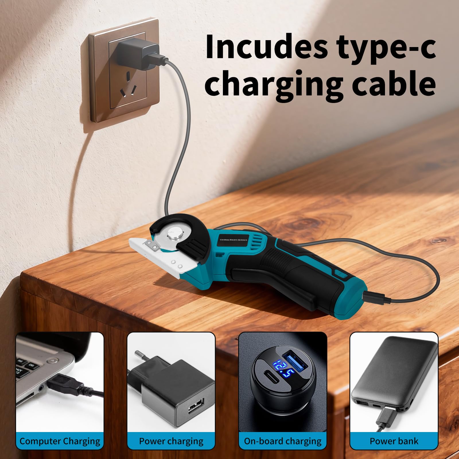 Ciseaux électriques Sans Fil 4V, Cutter Rotatif Avec 2 Lames & Verrouillage De Sécurité, Ciseaux De Couture Rechargeables USB-C Pour Carton, Tissu, Tapis, Cuir Et Feutre