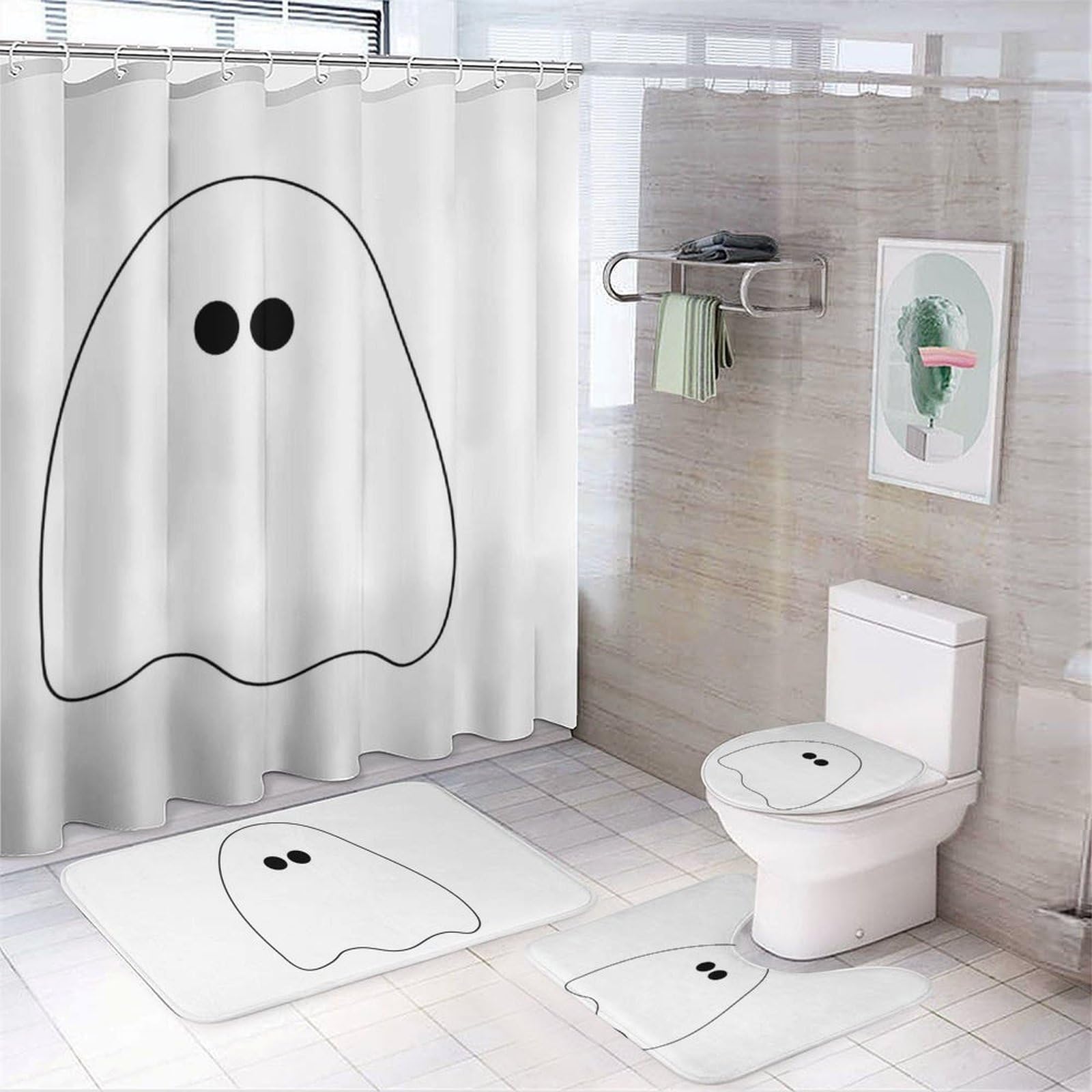 Wlntrophic Bathroom Mat Set 4 Piece, Ghost Shower Curtain with Non-Slip Bath Mats for Bathroom