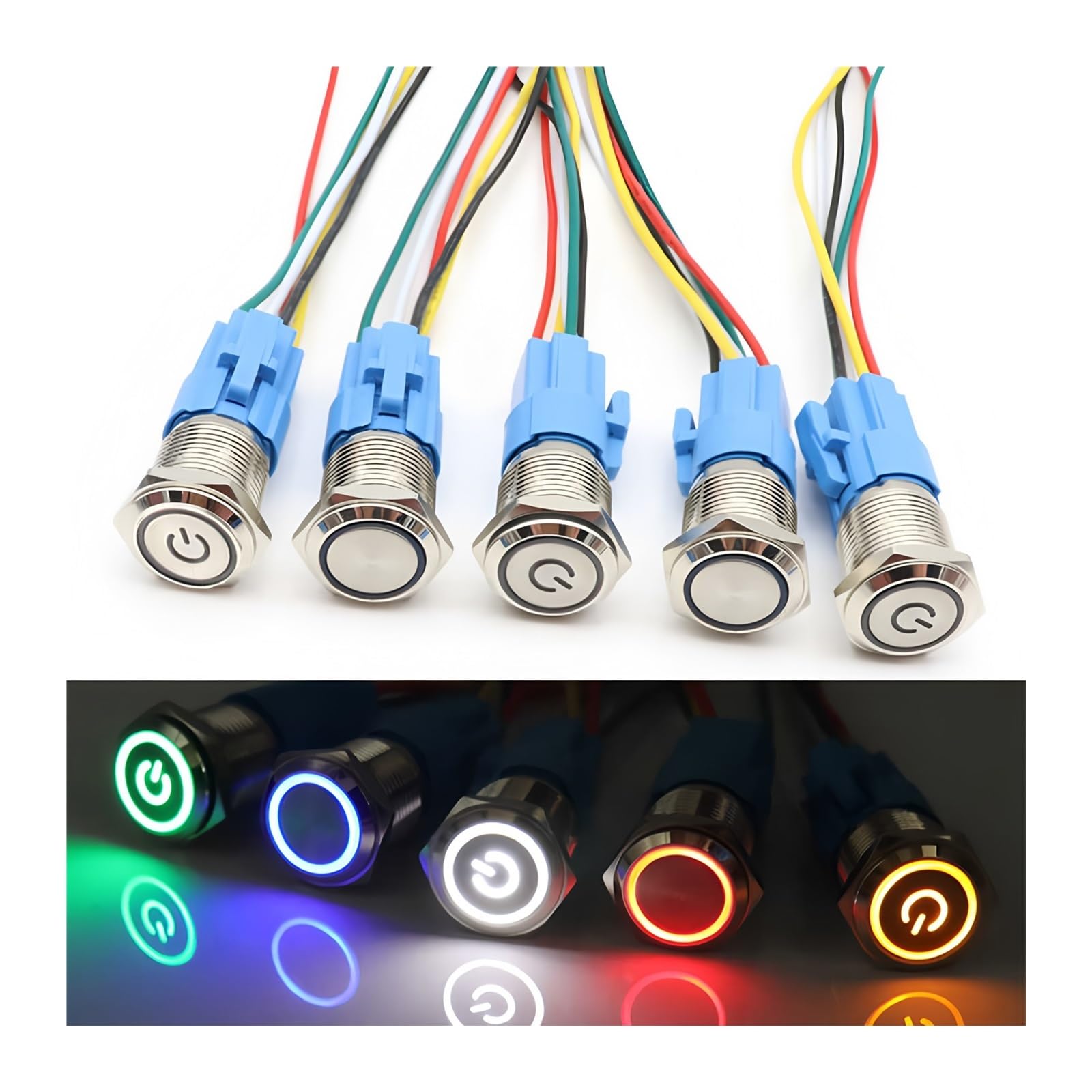 6 szt. 16 mm 19 mm 22 mm metalowy przełącznik przyciskowy chwilowy/zatrzaskowy płaski głowica LED światło czerwony żółty niebieski zielony biały (niebieski 1,22 mm, blokujący)