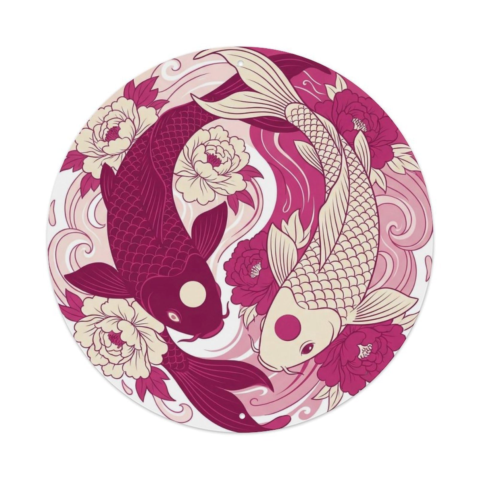 Tai Chi Koi Fish Peony Flower Prosperity Bloom Metal Tin Sign