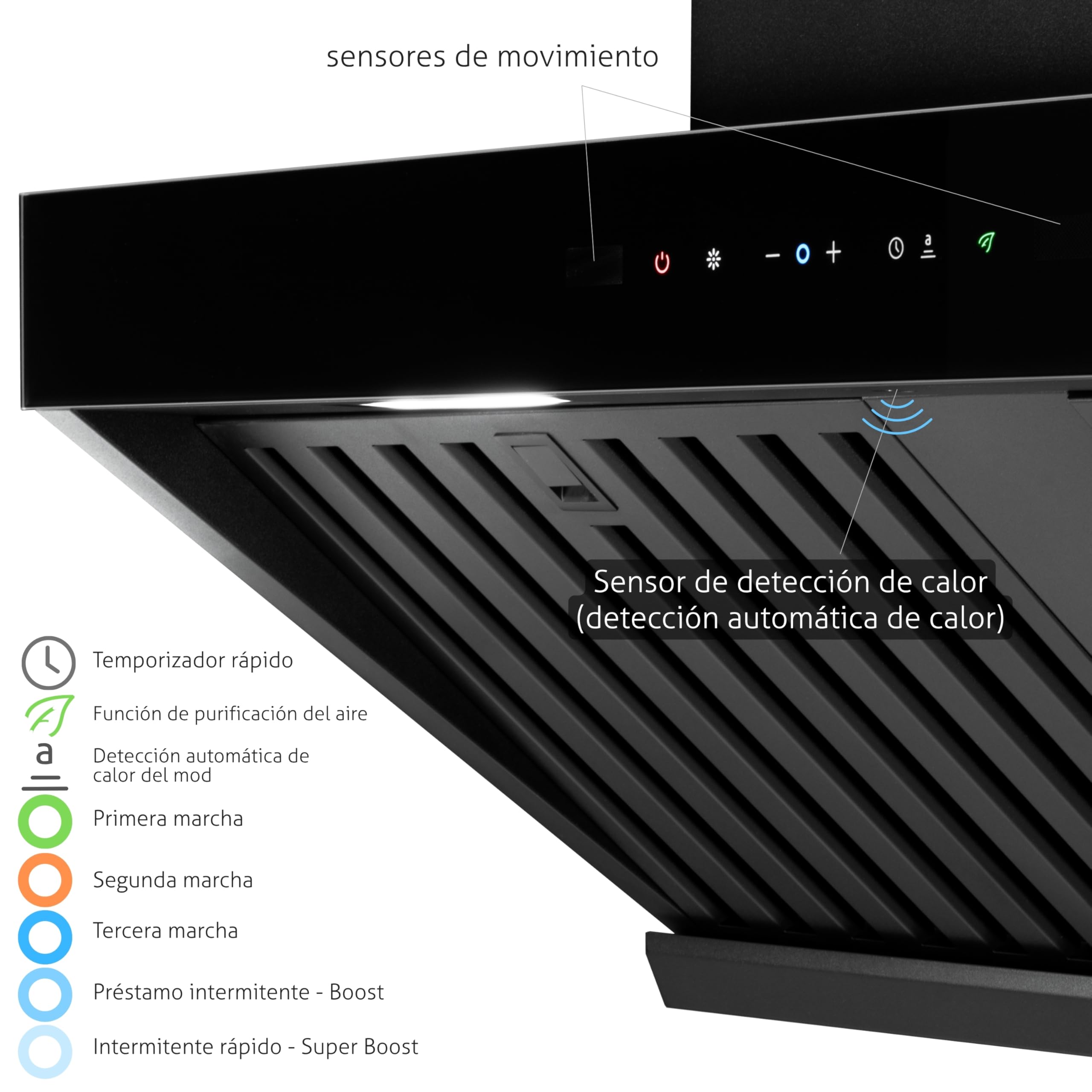 Campana extractora mural Kompatic Kori 90 KPKR90WB, 90 cm, 800 m³/h, clase A+++, control táctil y gestual, mando a distancia, Boost/Super Boost, negro mate.