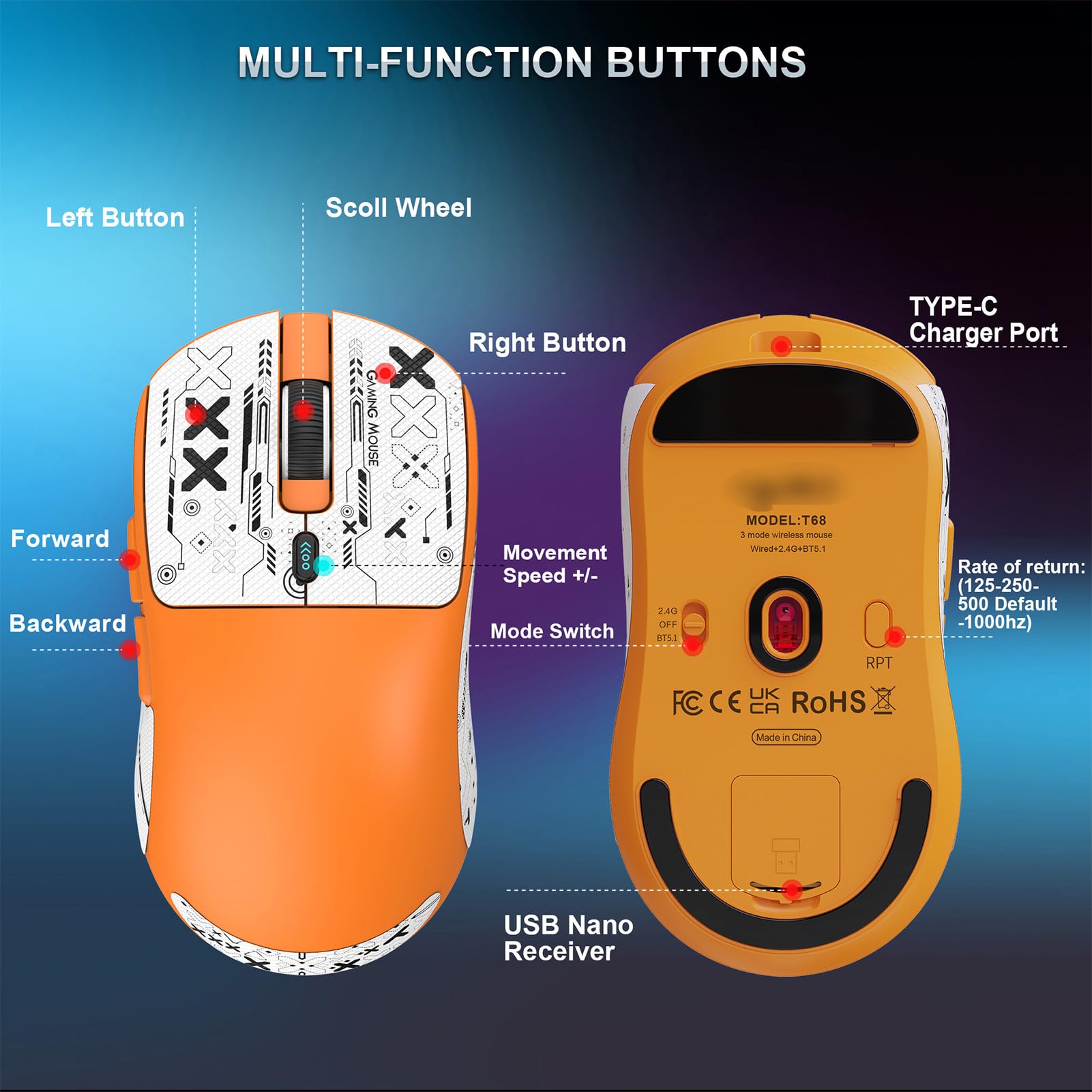 Zunate Mouse da Gioco Wireless Leggero, connettività a 3 modalità con 6 velocità Regolabili Fino a 12000 DPI, Design Ergonomico per Mani di Medie e Grandi Dimensioni e Batteria a Lunga (ORANGE)