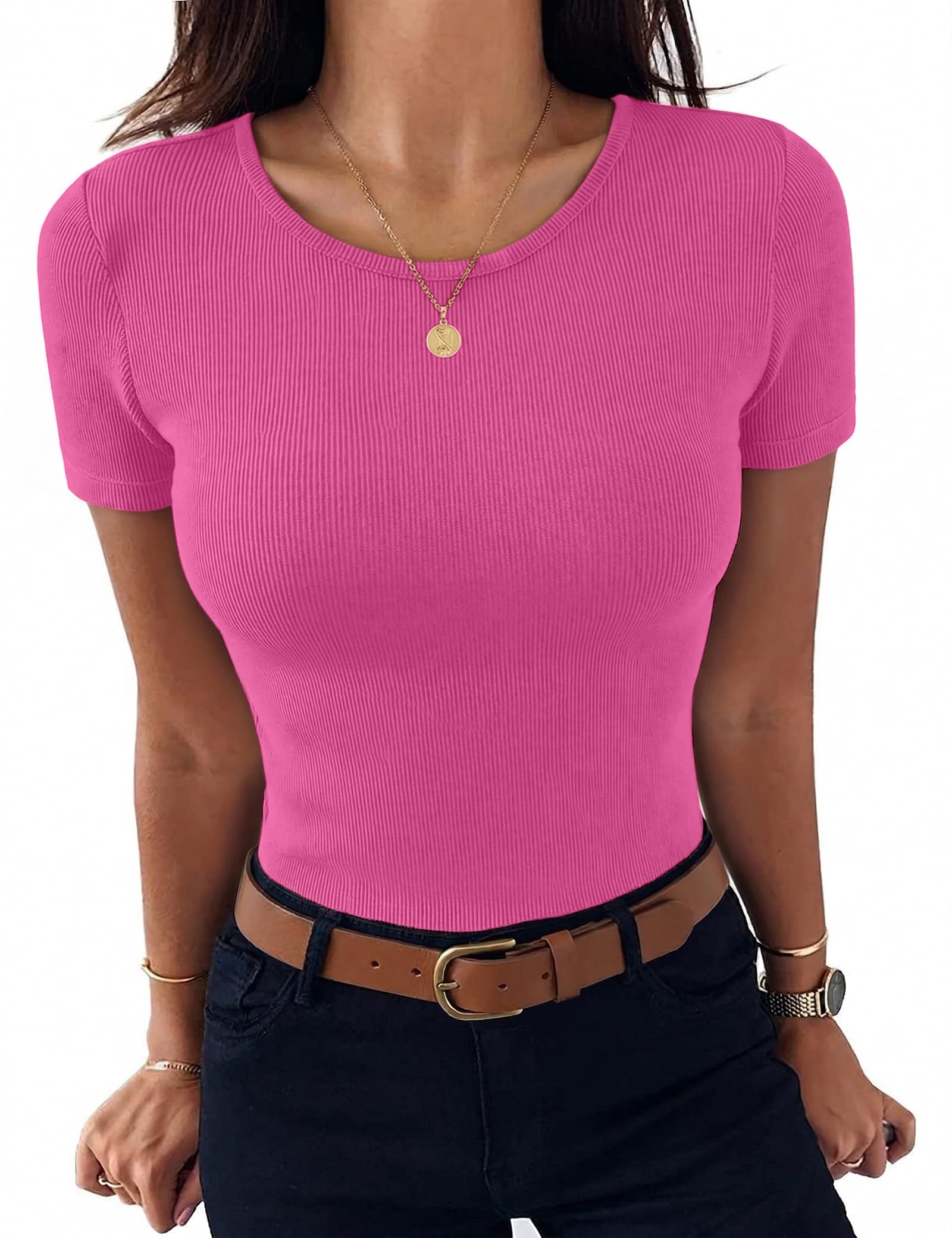 Aottori Damen T-Shirt Rundhals Sommer Oberteile Kurzarm Gerippt Basic Tee Shirts Elegant Slim Fit Tshirt Stretch Casual Tops Einfarbig