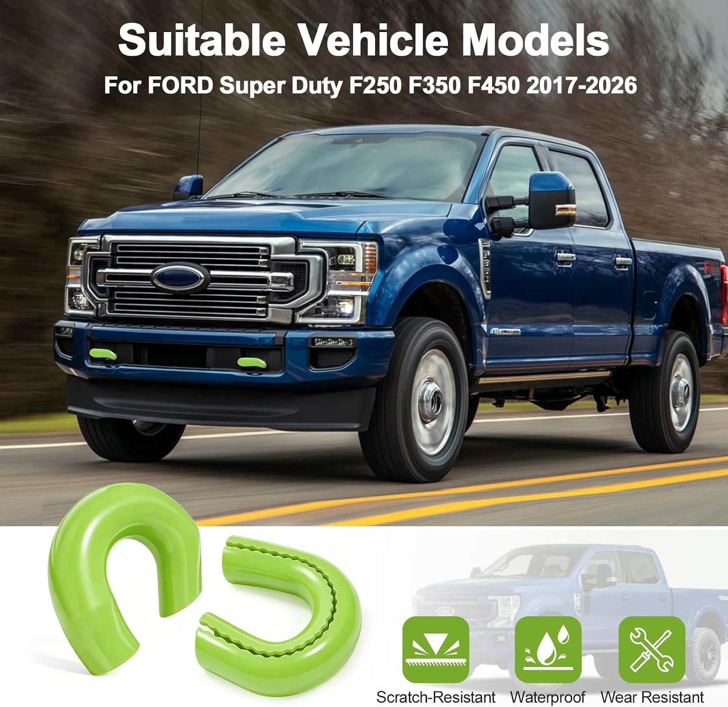 Tow Hook Covers for Ford Super Duty F250 F350 F450 2017-2026 Thicken Upgrade, Tow Hitch Covers Compatible with F250/F350/F450 2017-2026 Accessories,2PCS-Green