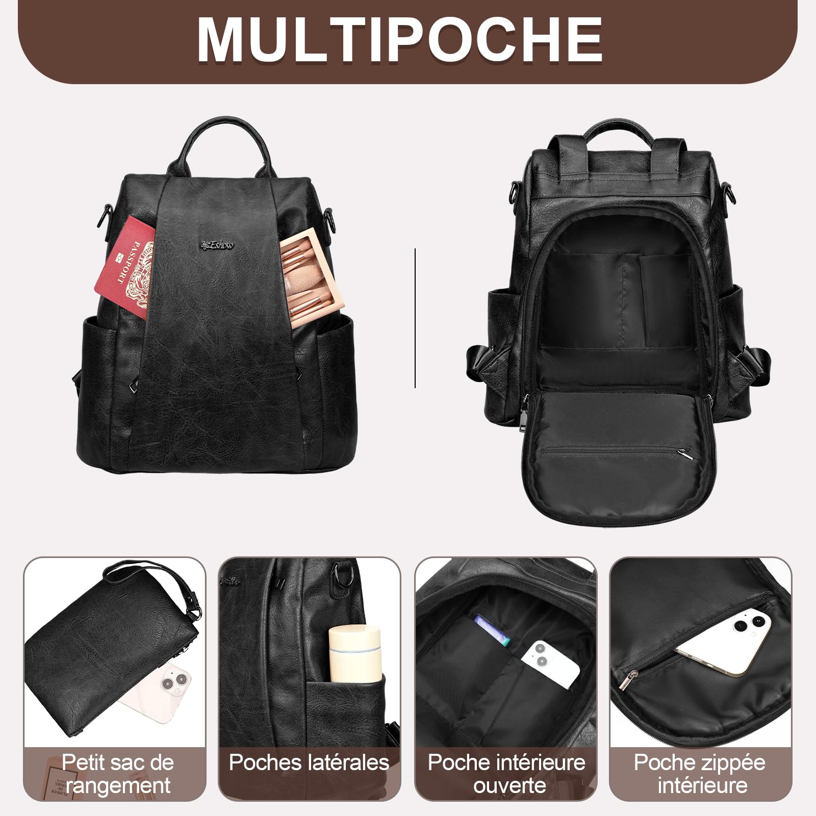 Eshow Petit Sac a Dos Femme Antivol, Sacs à Main Portés Dos Elégant Léger Imperméable PU Cuir, Sacoche Bandoulière avec Étui anti RFID & Pochette pour Voyage Travail Loisirs Université Noir