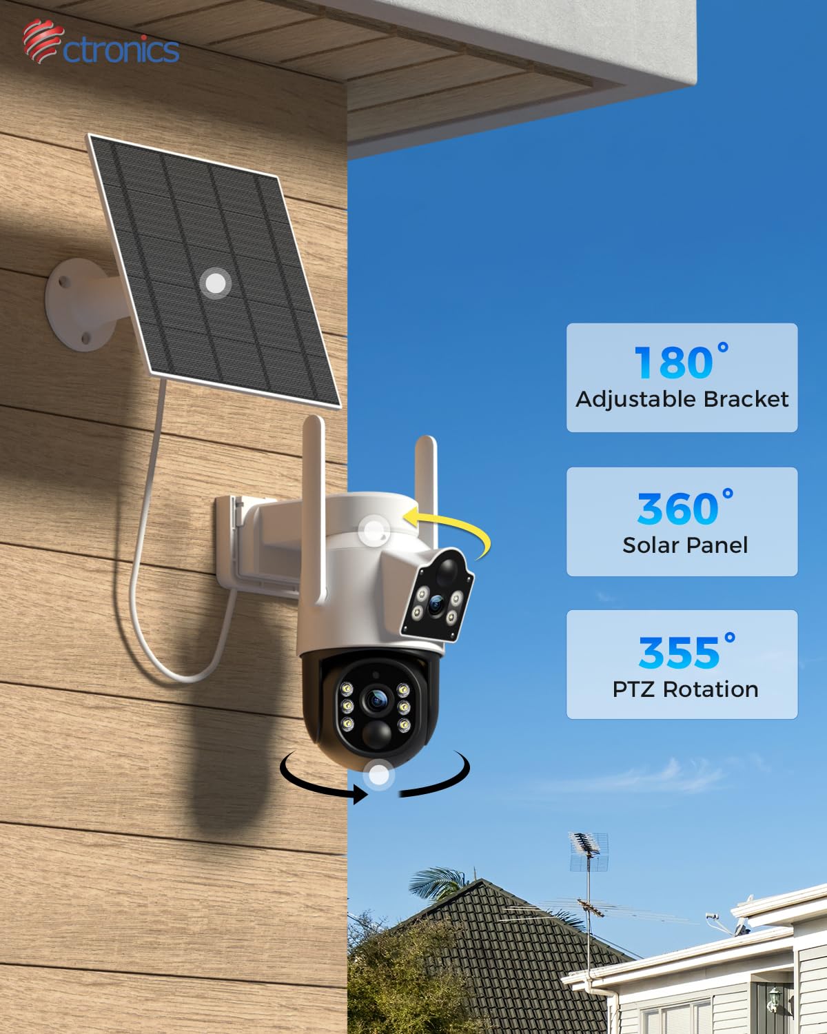 Ctronics Telecamera WiFi Esterno Solare, Doppio Obiettivo con Batteria 9800mAh, Pannello Solare 6W, Allarme Luce&Siren, PC/App, Rilevamento PIR & Umano, Cloud/128GB, 2K 3MP, 2.4GHz WiFi, IP66