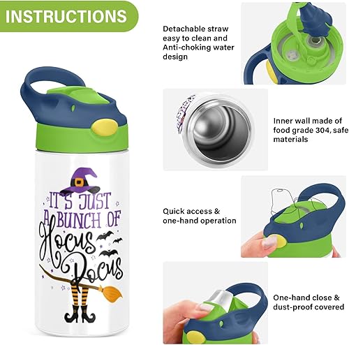 Miniatura 5 de MCHIVER Hocus Pocus - Botella de agua de Halloween para niños con pajilla, botella de agua para niños, con aislamiento de acero inoxidable, termo