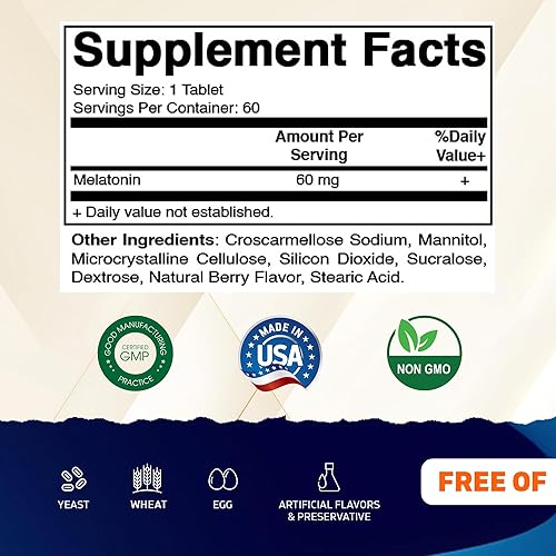 Miniatura 2 de Vitamatic Tabletas de melatonina de 60 mg de disolución rápida, 60 tabletas veganas con sabor a bayas naturales, sin formación de hábito, sin OMG,