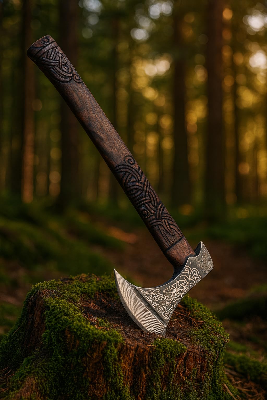 Novahaven Raven Fang – Hacha vikinga de lujo forjada a mano de acero al carbono y madera de fresno | Arte nórdico grabado | Hacha exclusiva para coleccionistas y al aire libre