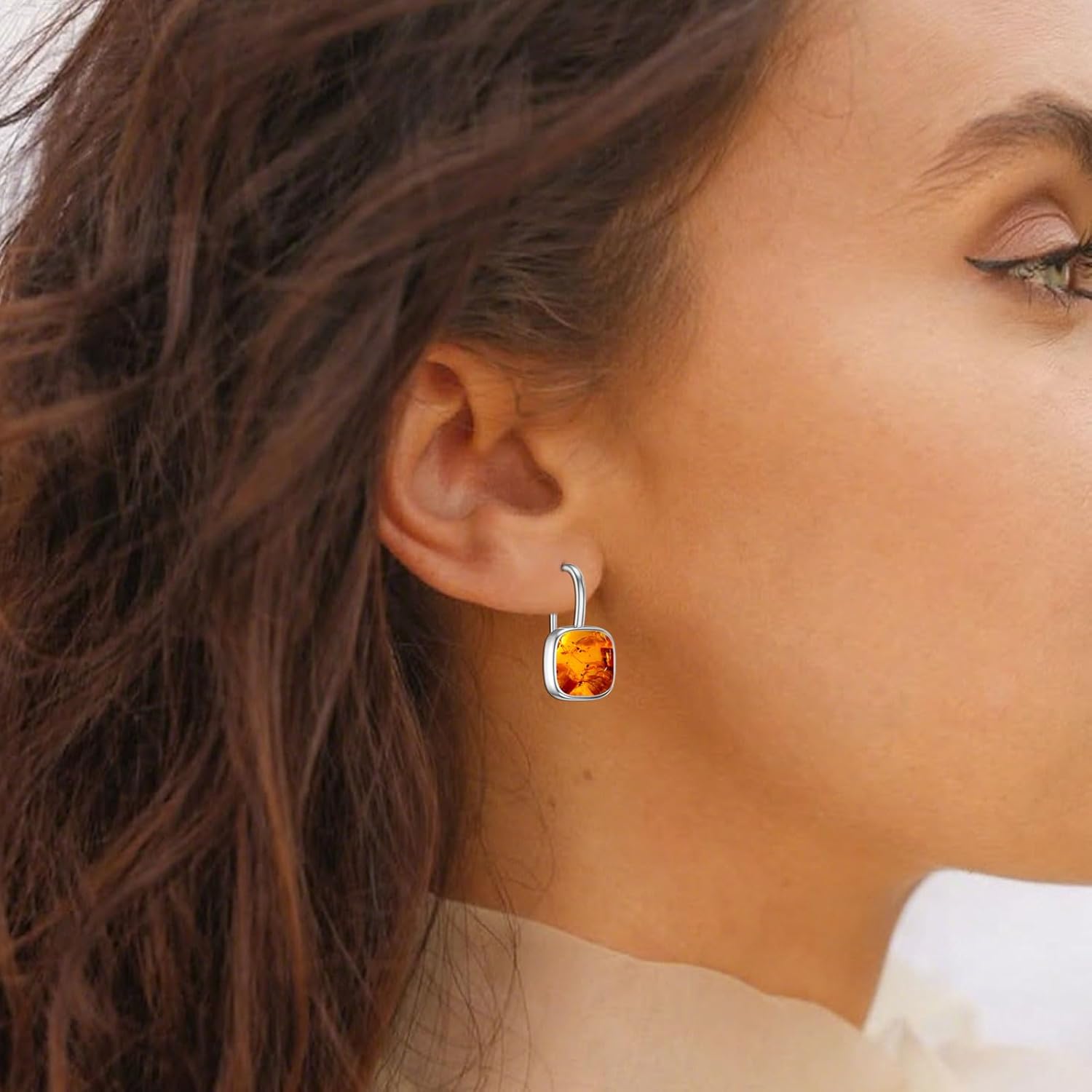 Square Genuine Amber 925 Sterling Silver Dangle Earrings, Handmade Fishhook Vintage Earrings, Bohemian Jewelry for Women Amber Lover, Unique Christmas Birthday Gifts
