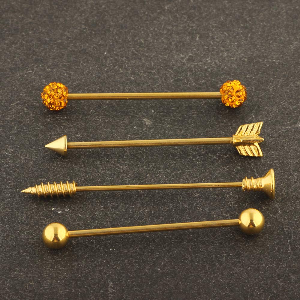 TIANCI FBYJS 9-16pcs 14G Industrial Piercing Stainless Steel Industrial Earrings Barbell with Chain Dangle for Women Men Cartilage Stud Industrial Piercing Jewelry 1 1/2 Inch 38mm: 4pcs Gold Color