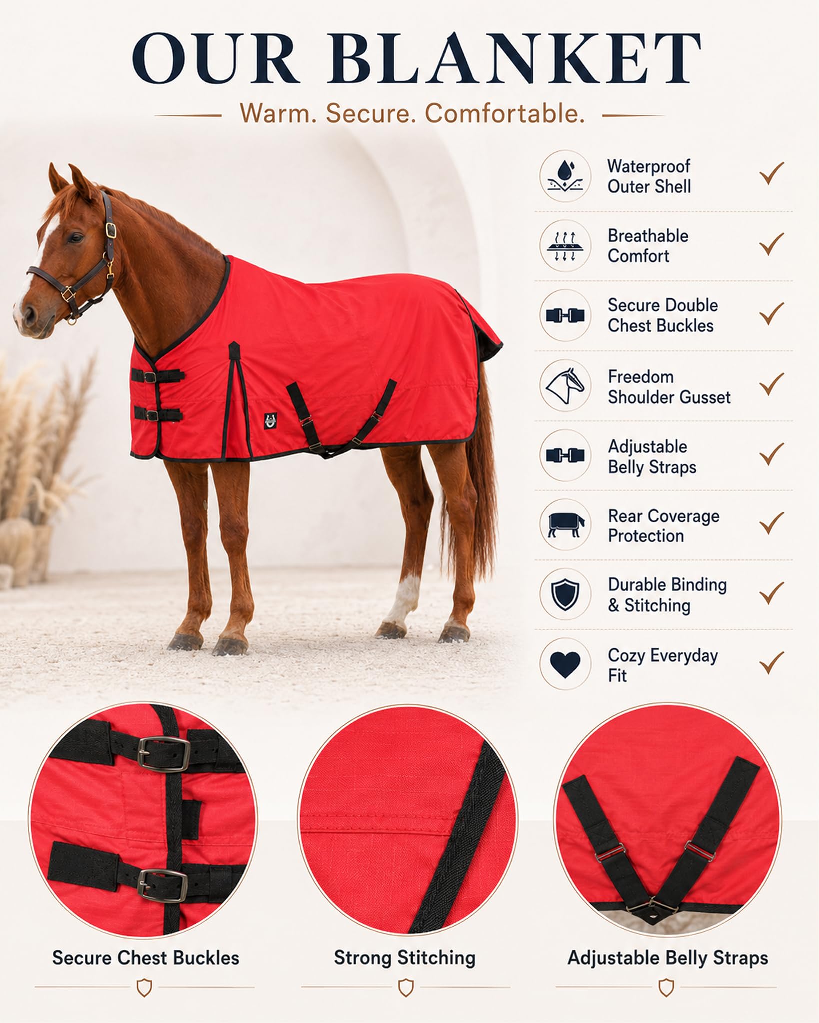 Manta de invierno Ripstop de 600 denier con relleno de poliéster de 250 g/m² (100% impermeable/transpirable/a prueba de nieve) – Manta de invierno pesada de caballo (rojo con ribete negro), tamaño 72