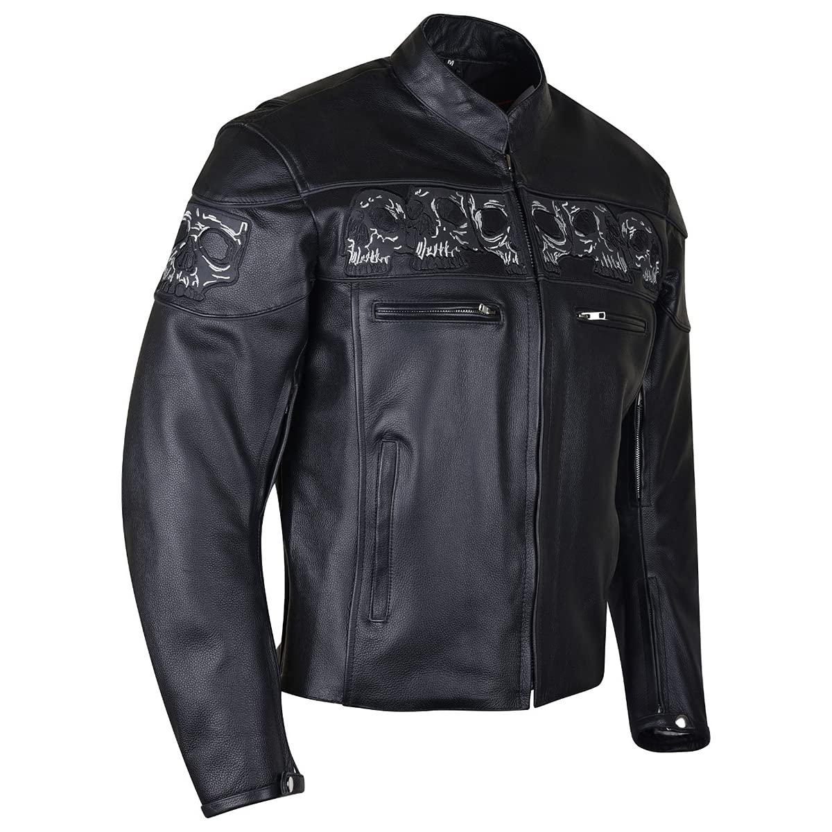 Vance Leather Mens Stand Up Collar Premium Motorcycle Jacket with Reflective Skulls and Inside Conceal Carry Pockets — view 4