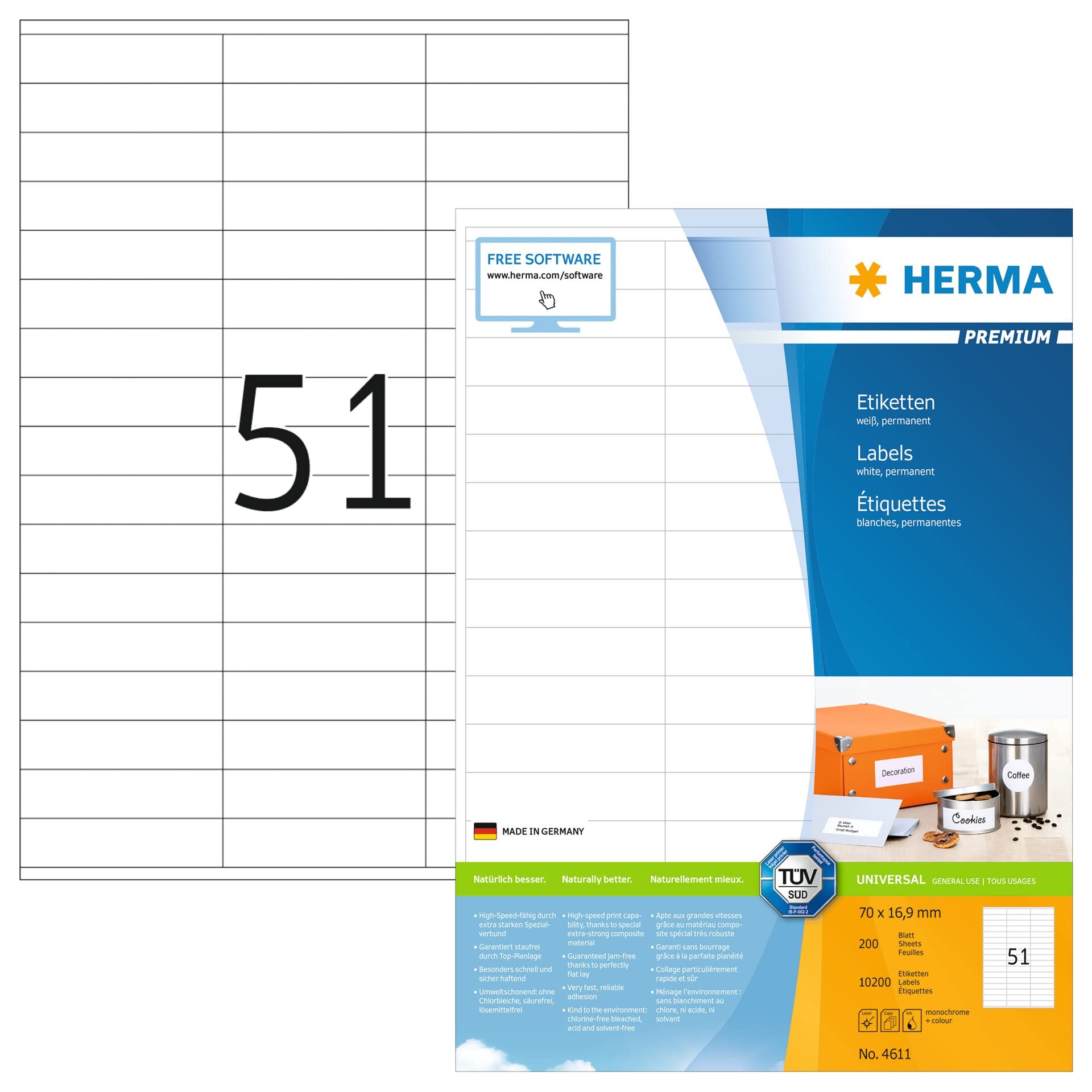 HERMA 4611 Universal Etiketten, 200 Blatt, 70 x 16,9 mm, 51 pro A4 Bogen, 10200 Stück, selbstklebend, bedruckbar, matt, blanko Papier Klebeetiketten Aufkleber, weiß