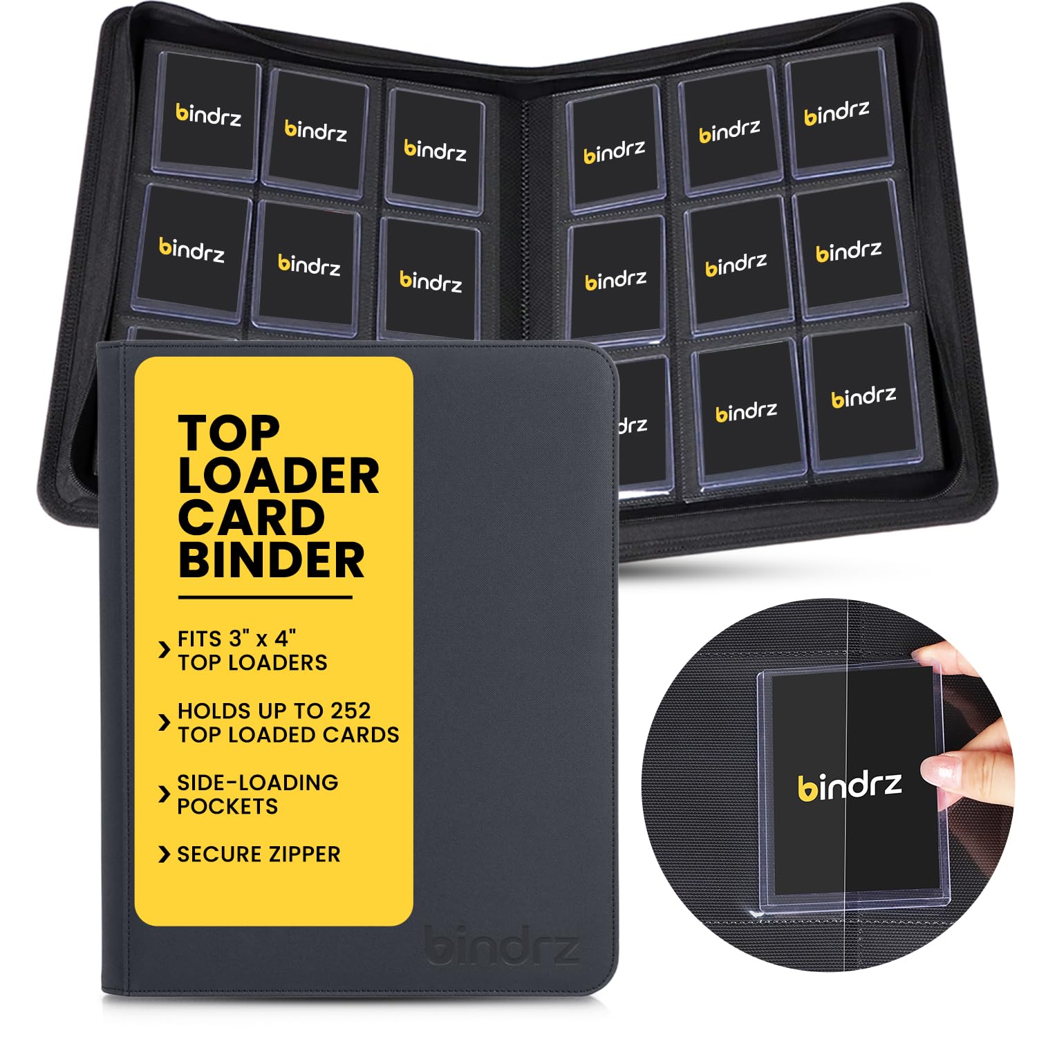Amazon.com: bindrz 9 Pocket Top Loader Binder - Holds 252 Toploaders -  Archival Safe Ringless Zipper Album