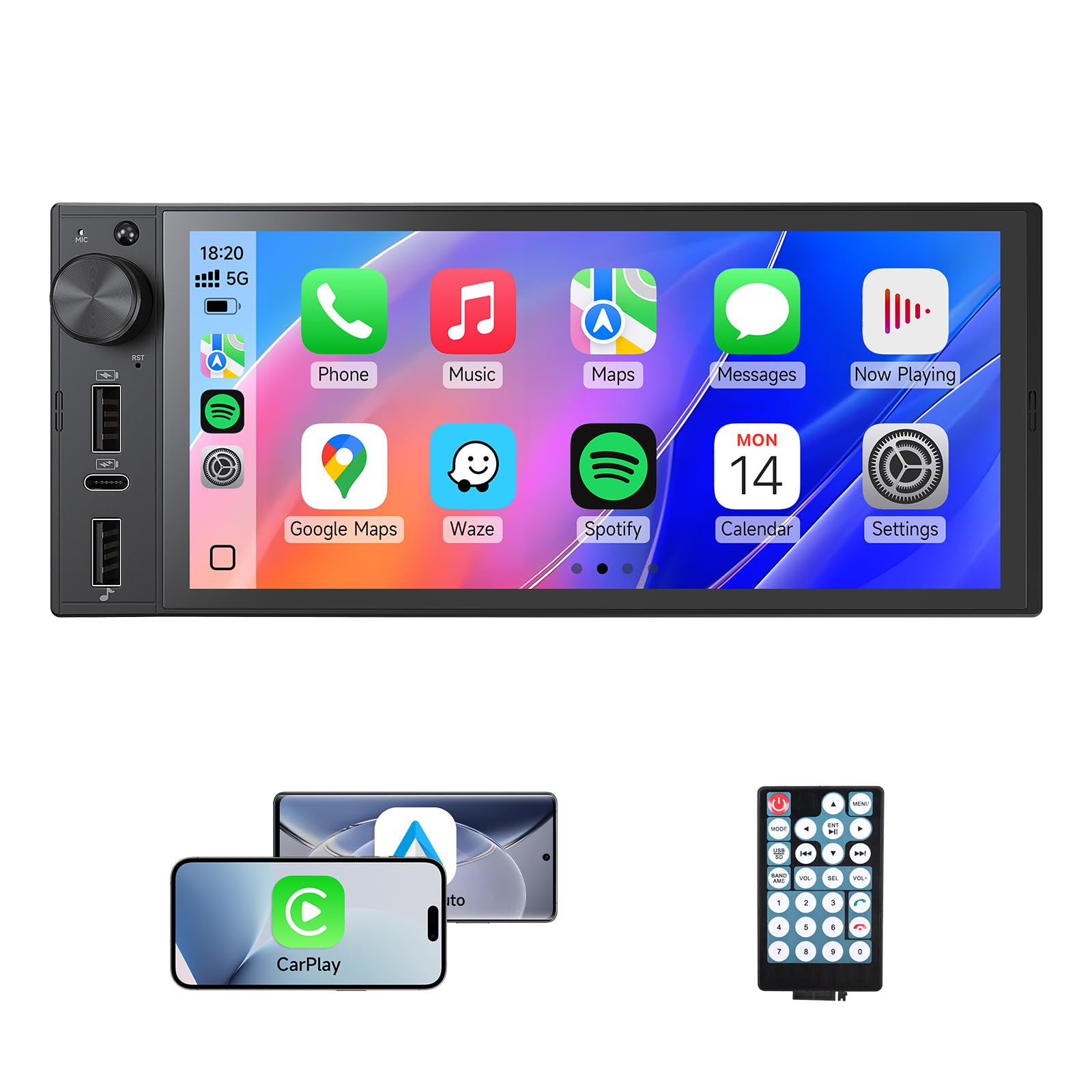 Single Din Car Stereo With Apple CarPlay & Android Auto - 6.86" Touchscreen + Backup Camera