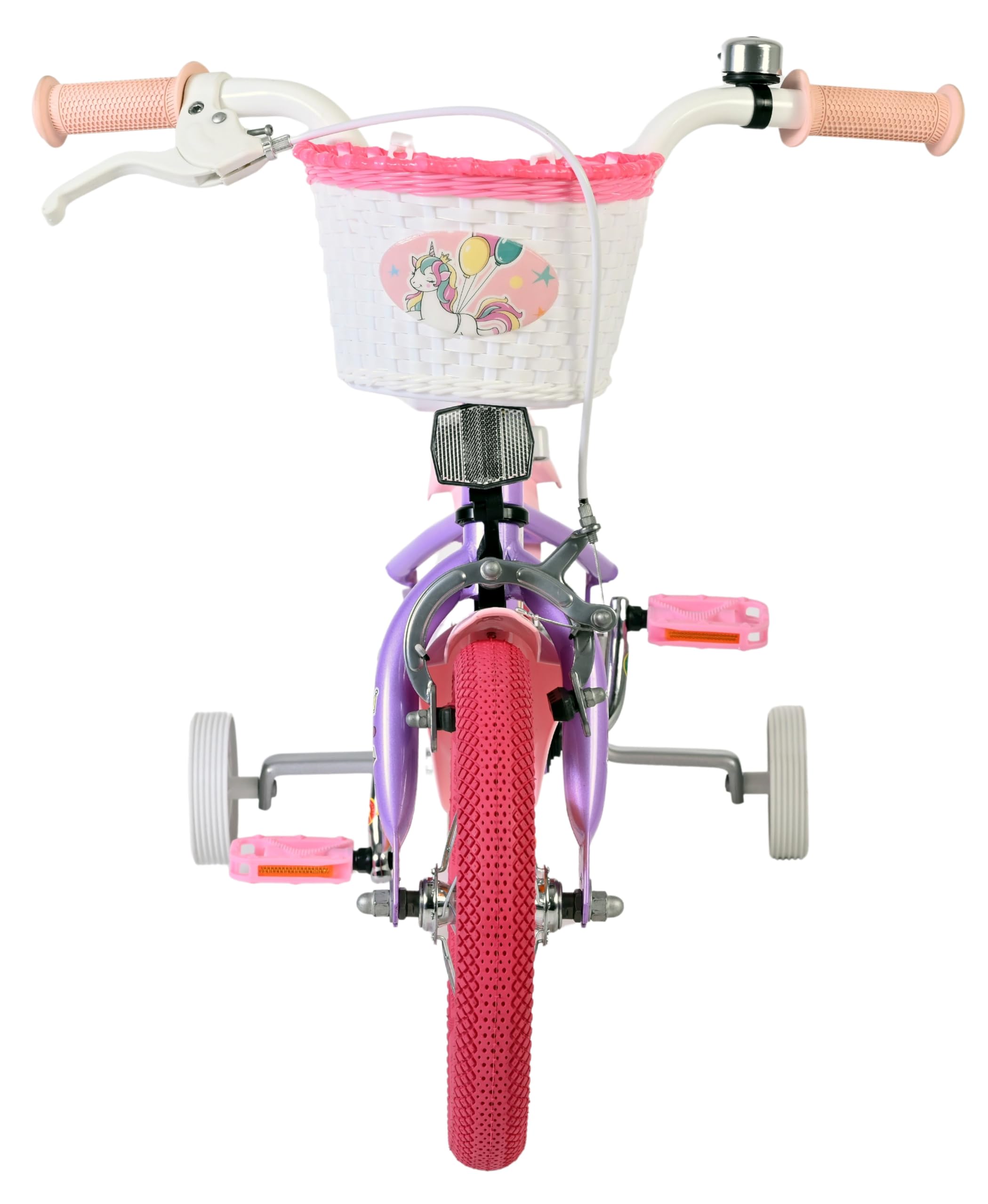 Volare Kinderfahrrad lila mit Einhorn-Sitz & rosa Felgen | Rücktritt & Handbremse | Stützräder | 3–5 Jahre | Robuste Reifen | Leicht montierbar | Geschenkidee