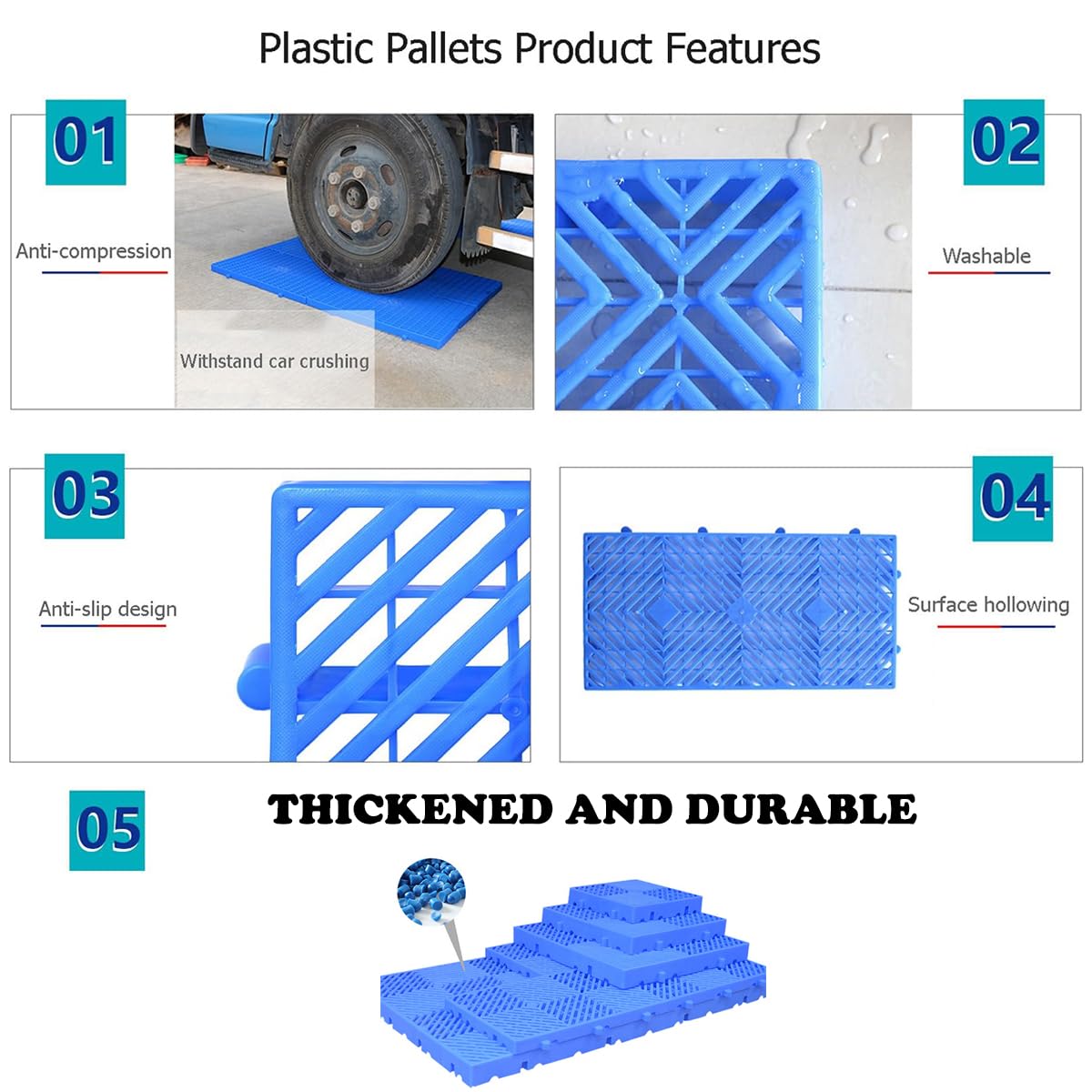 Pallet in plastica impilabili per Lo stoccaggio di Merci, griglia per Pallet Leggera, Pannello Impermeabile, Resistente all'Usura, per Lo stoccaggio di Alimenti, Celle frigorifere, Magazzini