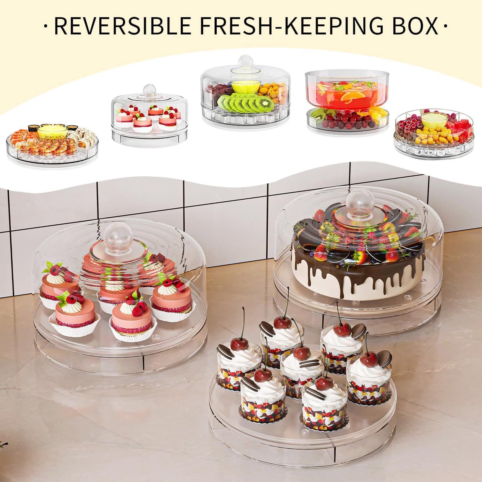 Alzata per torte con coperchio a cupola, vassoio da portata refrigerato, insalatiera e piatto da dessert, porta snack e frutta, vassoio per buffet con coperchio, ideale per cucina e feste