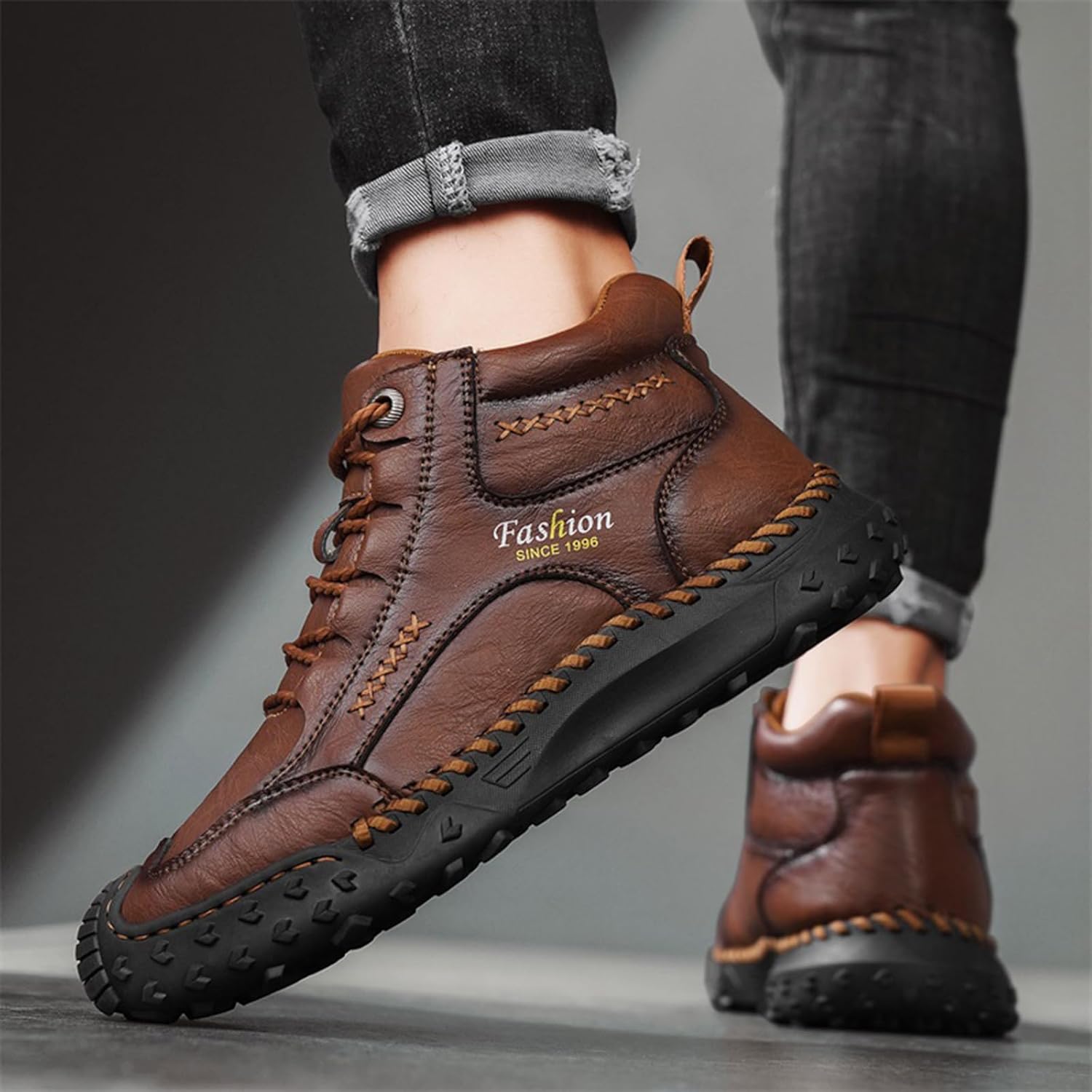 Men's Handmade Lace Up Ankle Chukka Boots Fashion Non-Slip High Top Sneakers Comfortable Slip-on Outdoor Walking Driving Leather Boots - Image 9