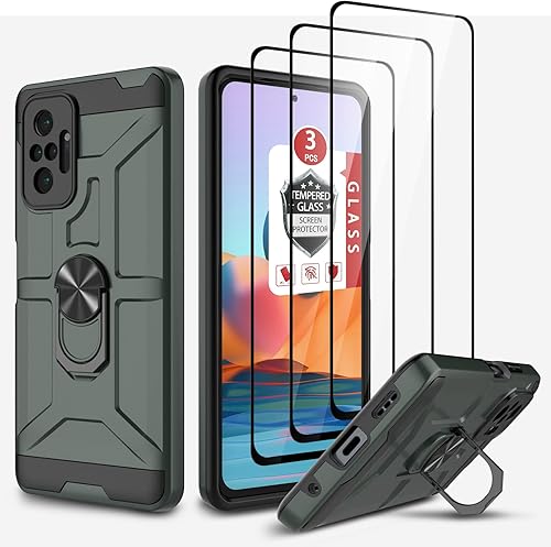 Funda para Xiaomi Redmi Note 10 Pro, Redmi Note 10 Pro MAX con 3 protectores de pantalla de vidrio templado, soporte de anillo integrado y soporte