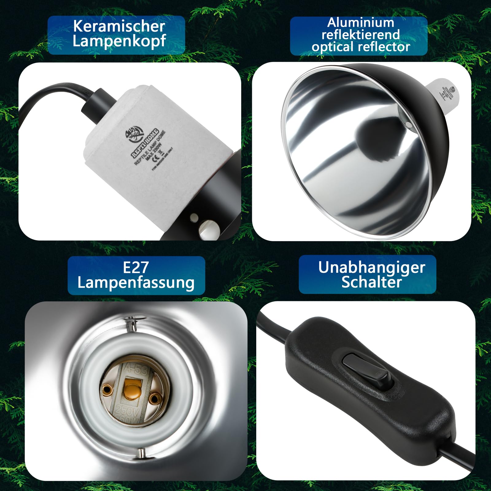 E27 Luminaire Dôme Aluminium 250W pour Reptiles, Convient aux Lampes Chauffantes pour Tortues, UVA UVB, Infrarouges, Céramiques