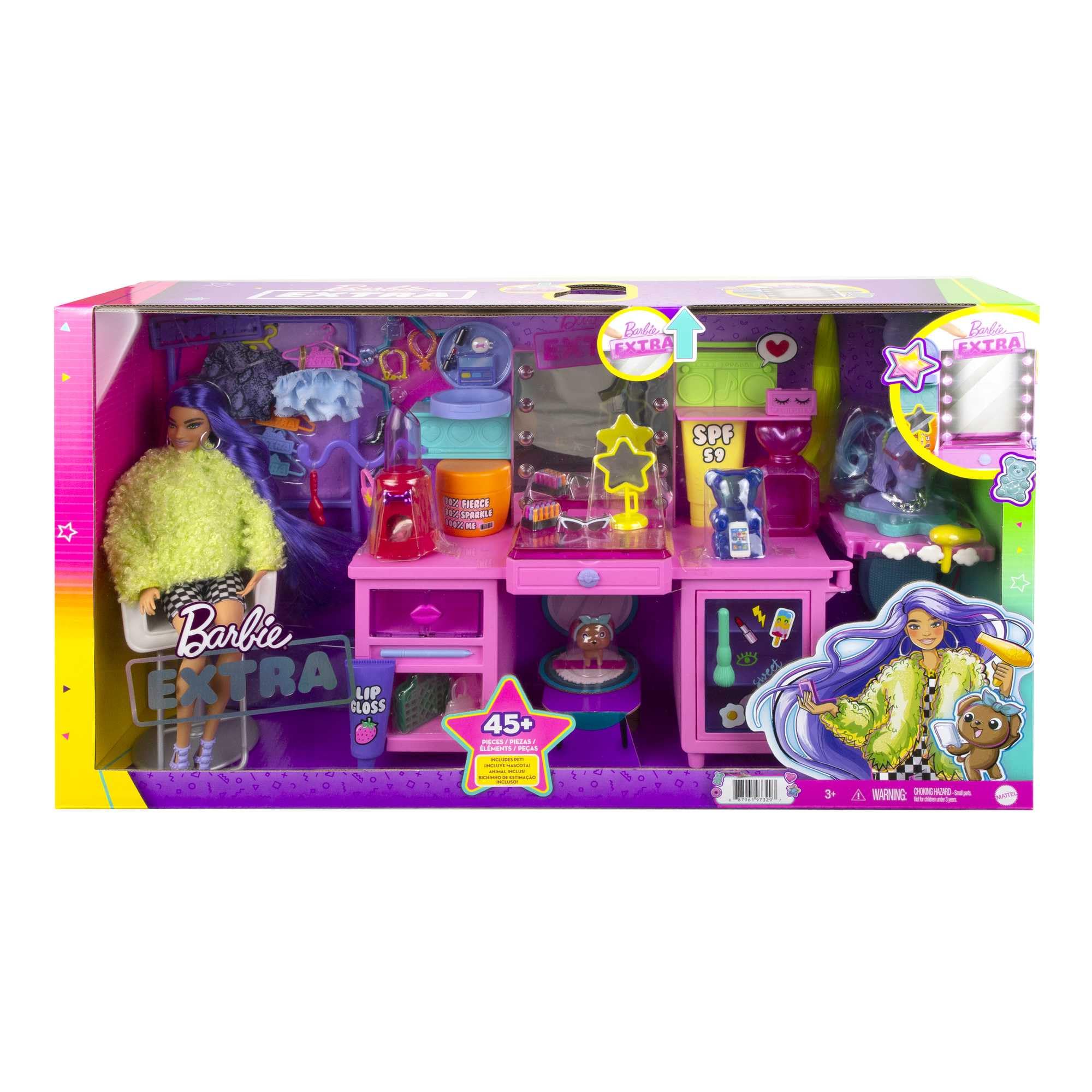 Barbie GYJ70 Extra Spielset mit exklusiver Puppe, Hündchen & 45+ Teile, Spielzeug ab 3 Jahren