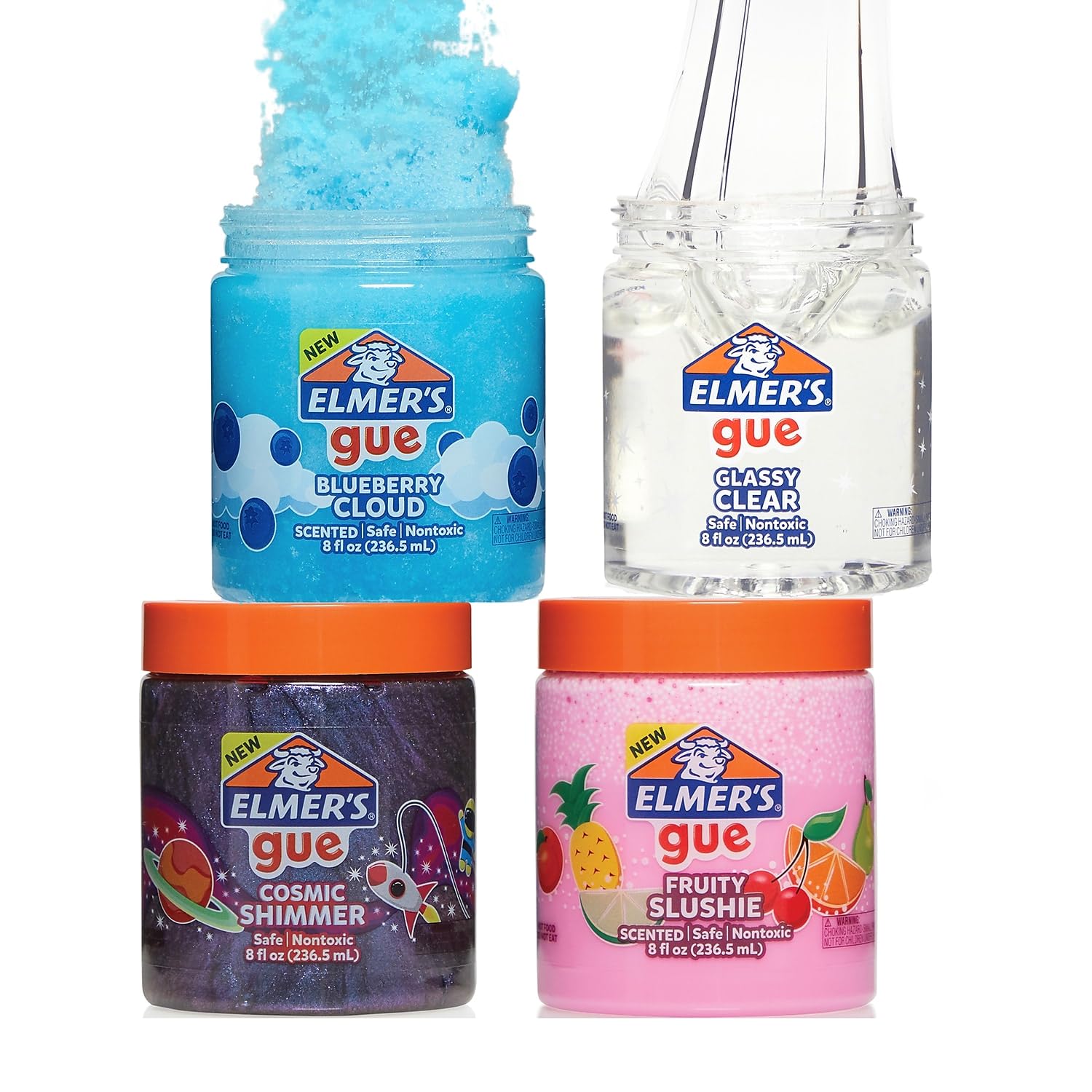 Elmer's Gue Premade Slime Variety Pack, Clear, Scented, Glitter, 4 Count - Perfect for Kids Activity, Summer, Arts & Crafts, School Classroom, Birthday Party Gift