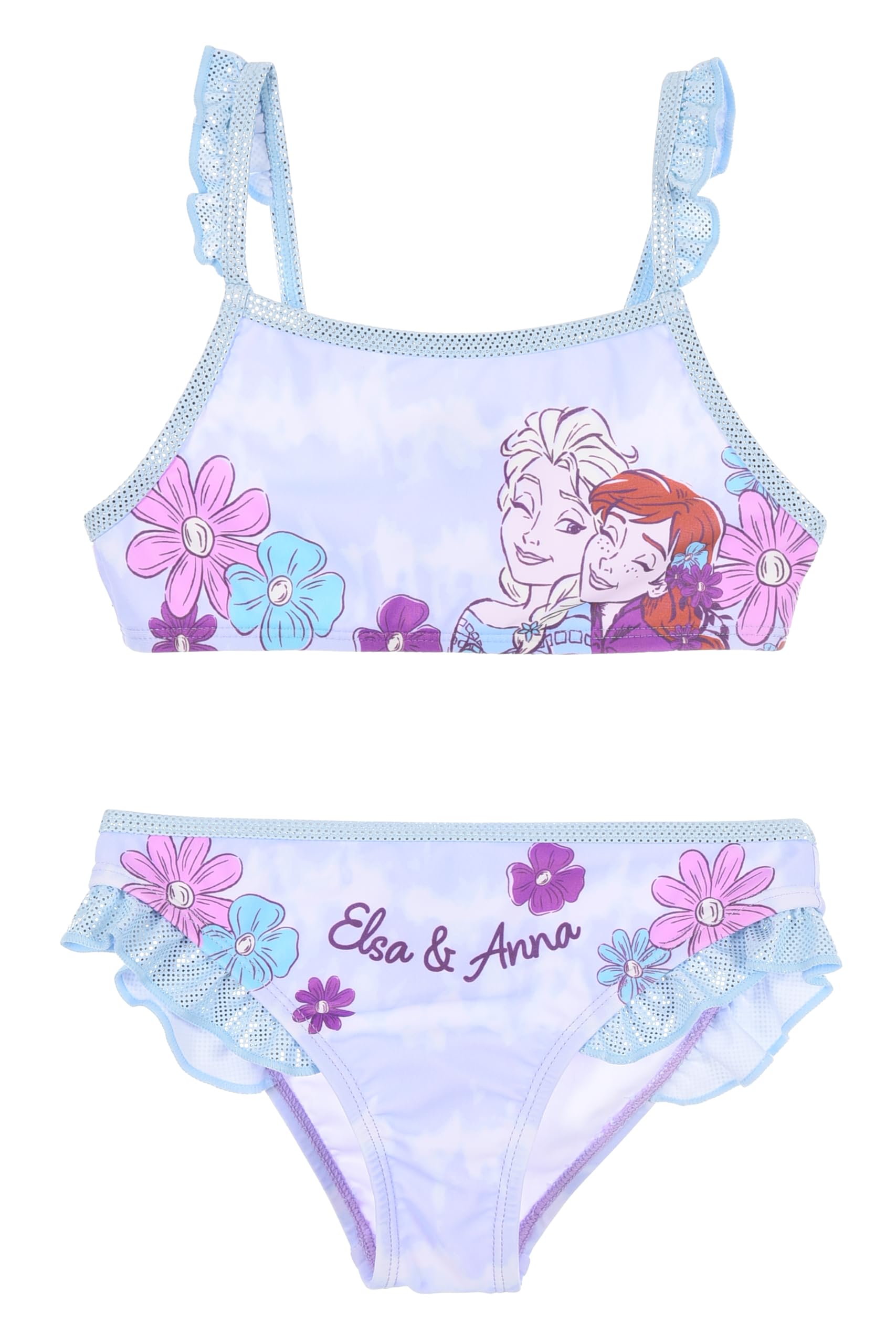 Disney Costume da Bagno Bikini 2 Pezzi per Bambine Frozen, con Elsa e Anna, Decorazioni Floreali e Volant