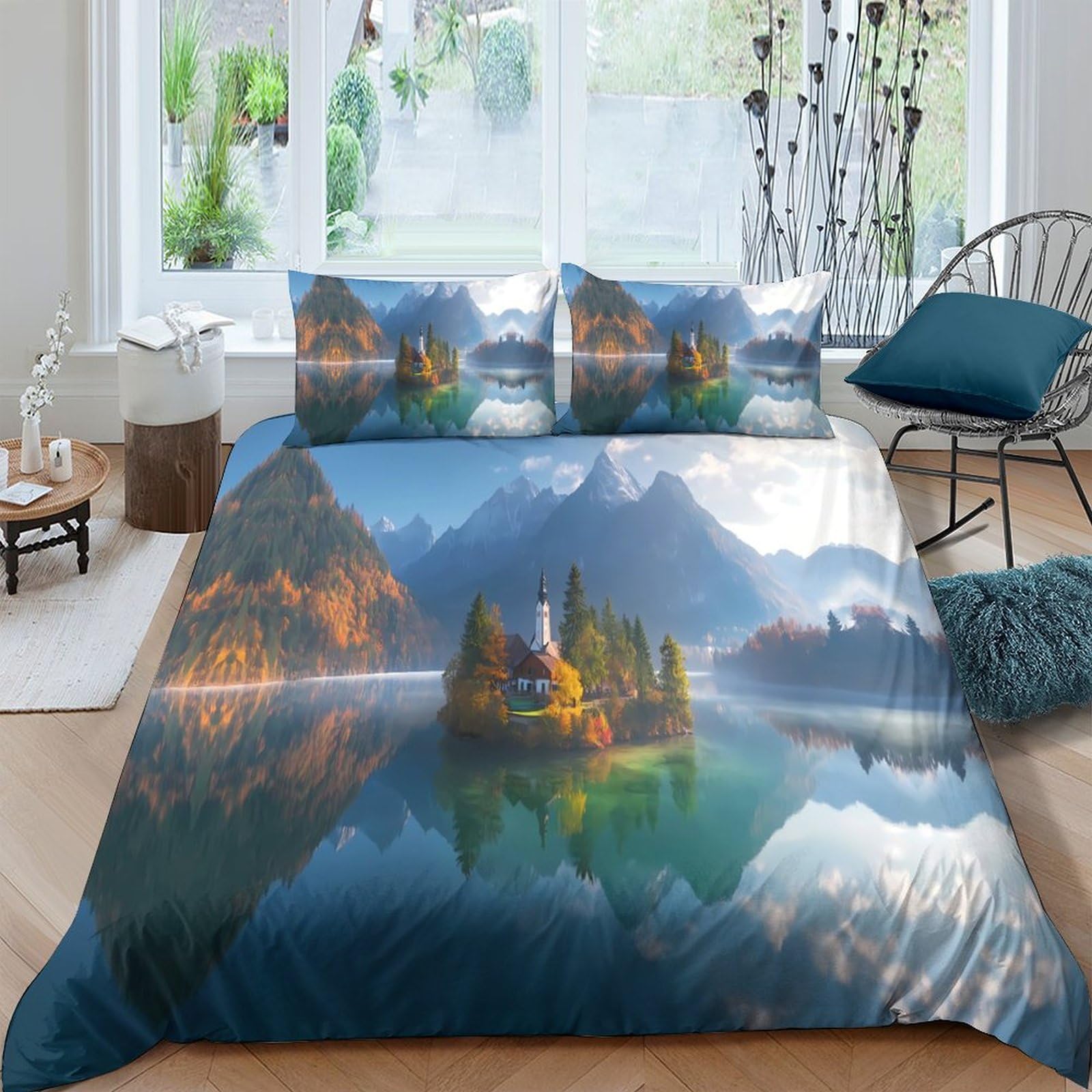 Ctjqhvkz Style-8 3D Printed Mountain Lake Fitted Sheet Microfiber Scenic Forest Island Mattress Cover Bedroom Decor Machine Washable Single（135X200cm）