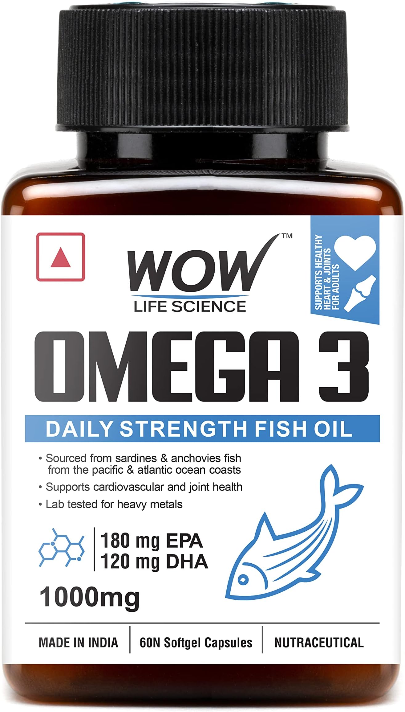 Omega-3 Fish Oil 1000mg - 60 Capsules| For Men & Women | Daily Strength - 180 mg EPA & 120 mg DHA| For Muscle & Joint Support, Healthy Heart & Cognitive Support| Pack of 1