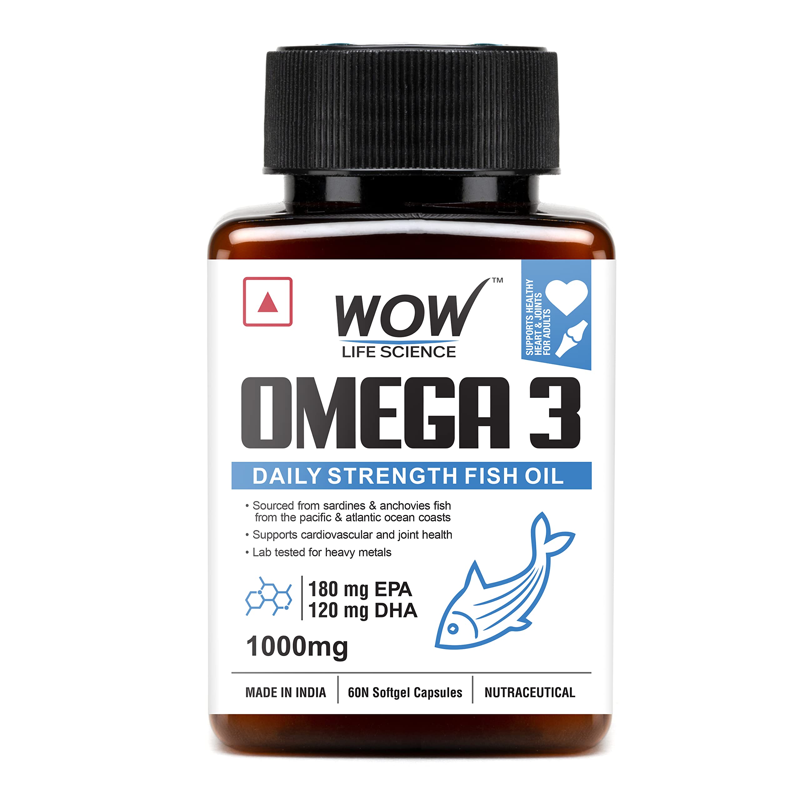 WOW Life Science Omega-3 Fish Oil 1000mg - 60 Capsules| For Men & Women | Daily Strength - 180 mg EPA & 120 mg DHA| For Muscle & Joint Support, Healthy Heart & Cognitive Support| No Fishy Burps