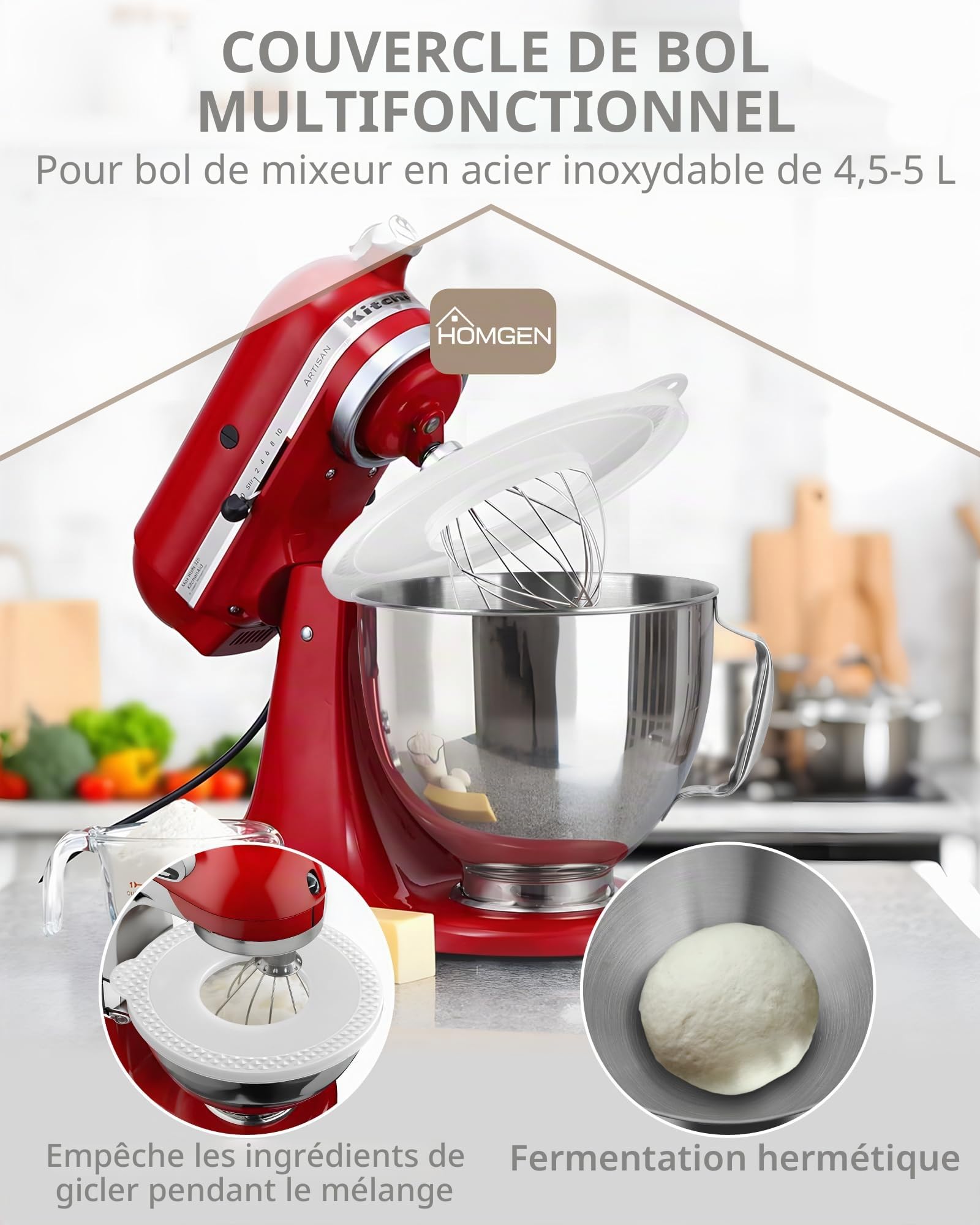 HOMGEN 2 PCS Protège-Bec et Couvercle du Bol mélangeur pour 4.5 et 5QT KitchenAid Protecteur de bec verseur pour différents bols à mélanger/couvercles pour bol en acier inoxydable moyen