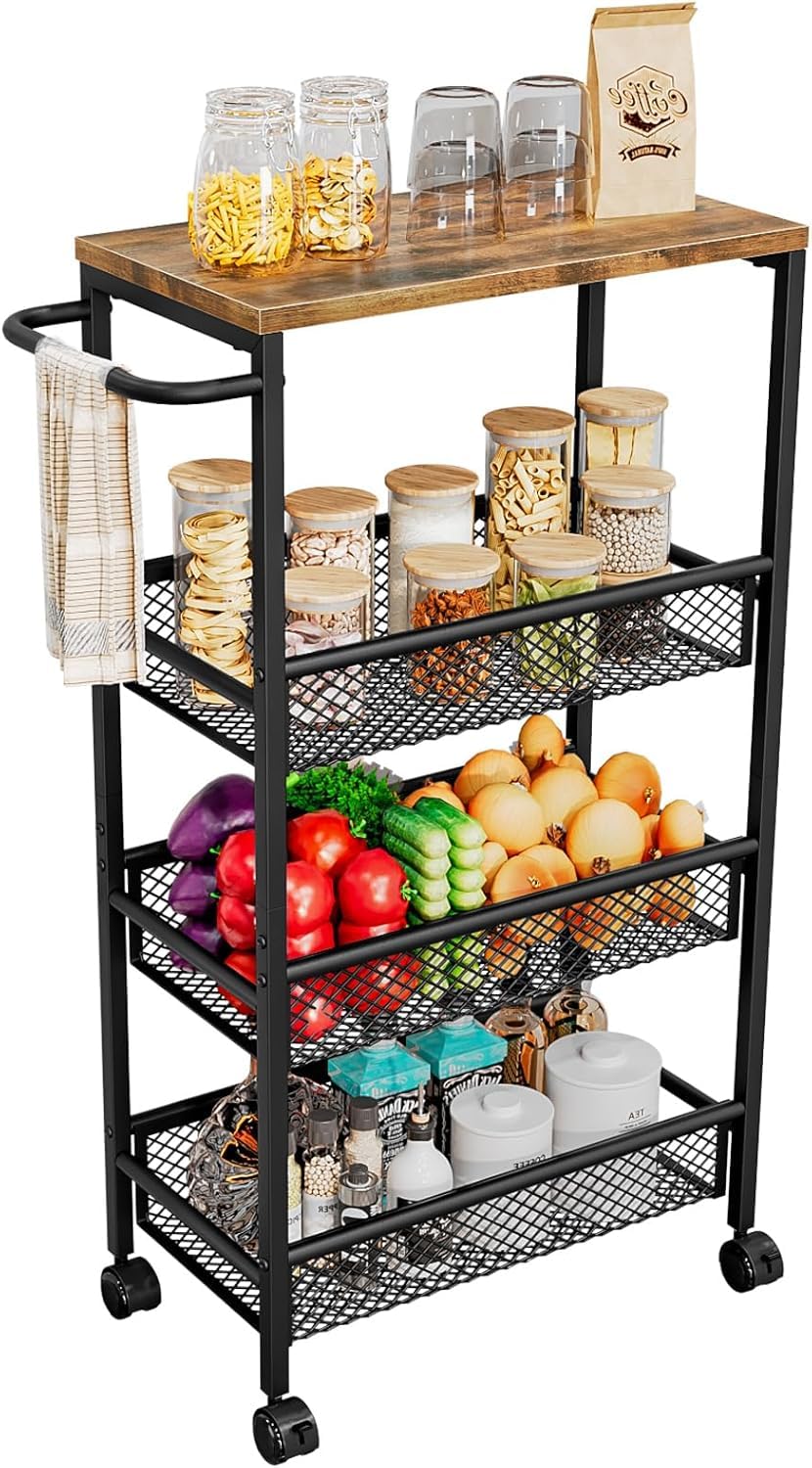 Dazioter Slim Rolling Cart 4 Tier Narrow Storage Cart on Wheels with MDF Board Top and Metal Handle for Small Space Kitchen Living Room Home Office Pantry Bathroom Laundry Room (Black, 41.6*23*77cm)