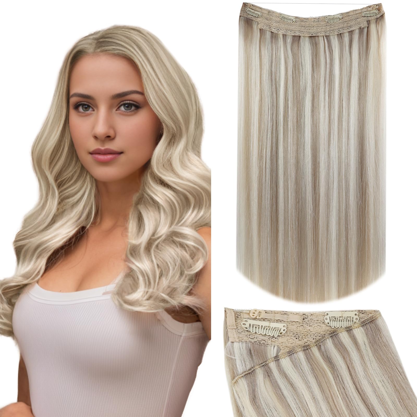 Fshine Lunghi Extension Filo Invisibile Capelli 20 Pollici Veri Lisci Capelli Umani Extension Highlight Biondo Cenere Con Biondo Candido Extension Capelli Remy Filo 127G Hair Extensions Wire #18P613