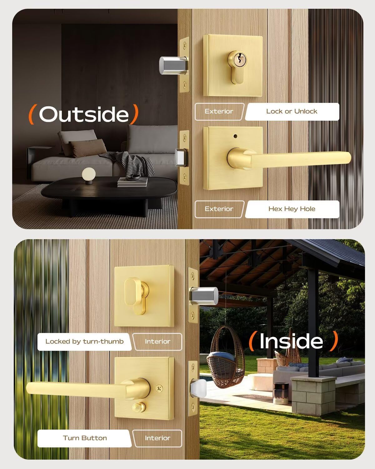 Leydebong 1 Pack Gold Door Handle Set with Single Cylinder Deadbolt, Entry Door Locksets with Deadbolt Modern Contemporary Square Design in Zinc Alloy