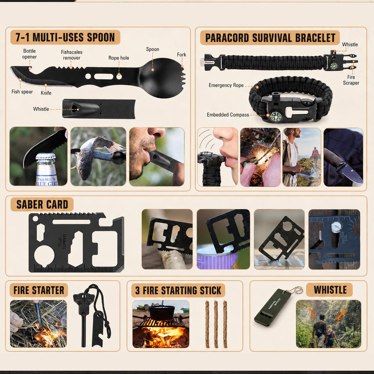 Kit di sopravvivenza, 250 pezzi Kit di primo soccorso per ingranaggi di sopravvivenza con sacchetto compatibile con sistema a molle e tenda di emergenza, kit di emergenza per la terra, avventura
