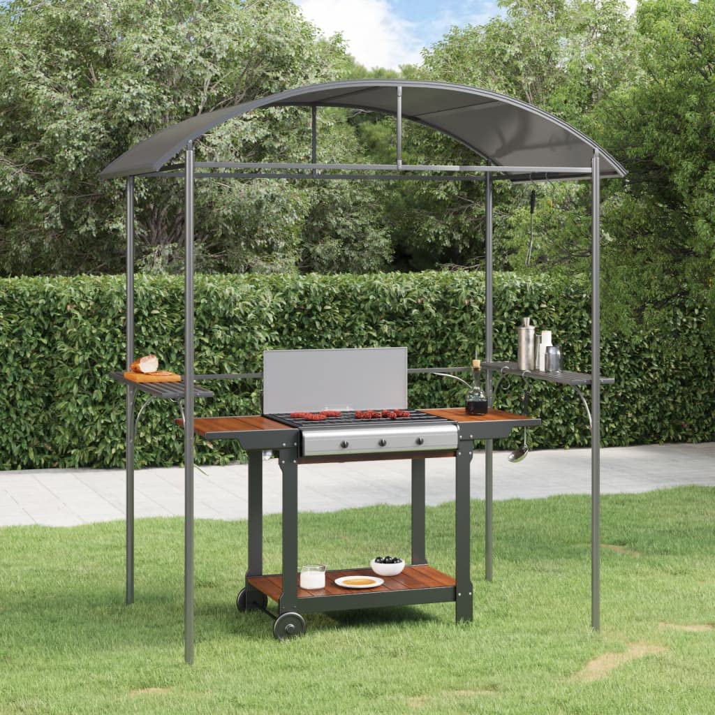 Cenador para barbacoa antracita 220 x 115 x 230 cm de acero con 2 estantes laterales y barras colgantes, techo de policarbonato con aislamiento térmico, toldo para barbacoa para exteriores