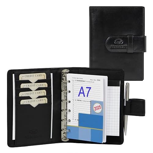 ALMADIH Leather A7 Planner with Rings, Calendar 2024 + Writing Pad, Premium Cow Leather black Personal Organizer Conference Folder System Ring Binder Zipper Portfolio Folio Workbook Datebook