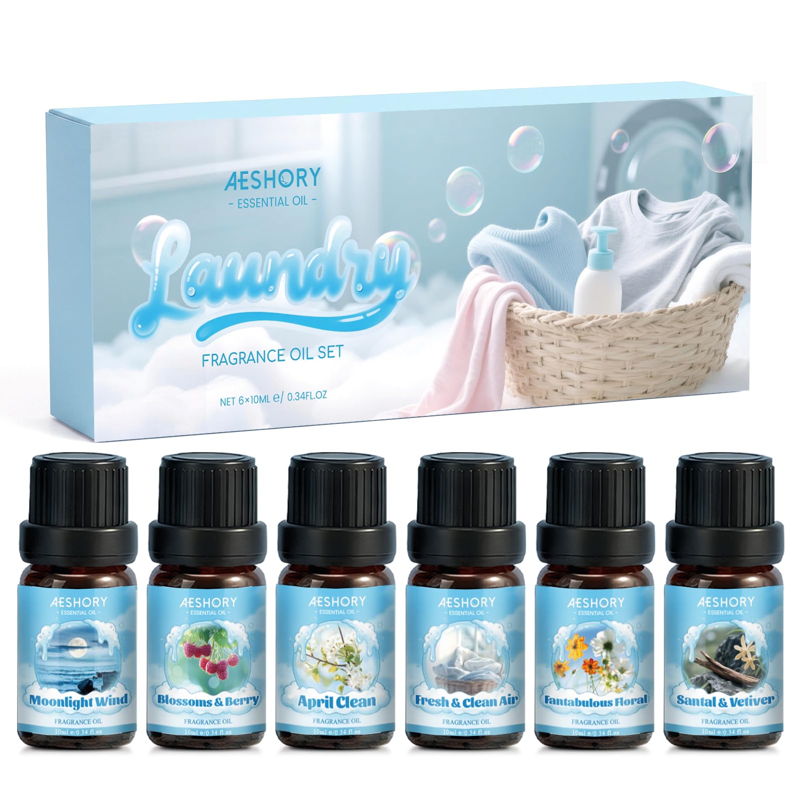 AESHORY Set de Aceites Esenciales de Lavandería 6 x 10ML, Aceite de Fragancia de Aromaterapia Limpio Fresco para Humidificador - Abril Limpio, Floral Fabuloso, Sándalo & Vetiver, Flores & Bayas en oferta en Amazon