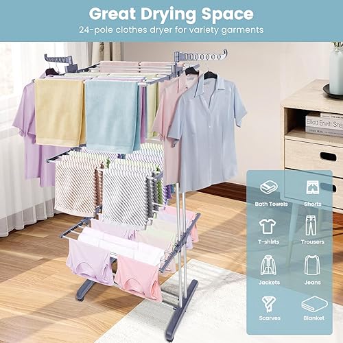 Miniatura 2 de Tendedero plegable de secado de ropa, de gran tamaño de 4 niveles (70 pulgadas de alto), tendedero de acero inoxidable con base plegable y 24 postes
