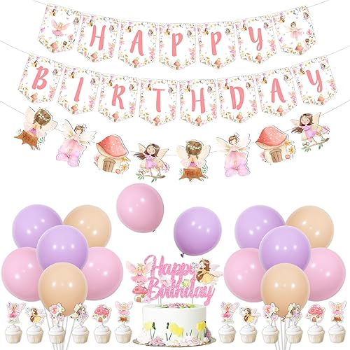 3Pcs Fairy Birthday Party Decorations Set - Green Glitter Happy Birthday Banner,