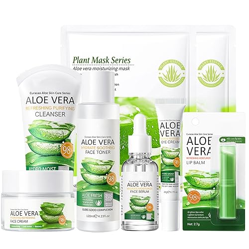 Juego de 8 piezas de aloe vera para el cuidado de la piel, kit de cuidado facial con limpiador, máscara, tónico, suero, bálsamo labial, crema de
