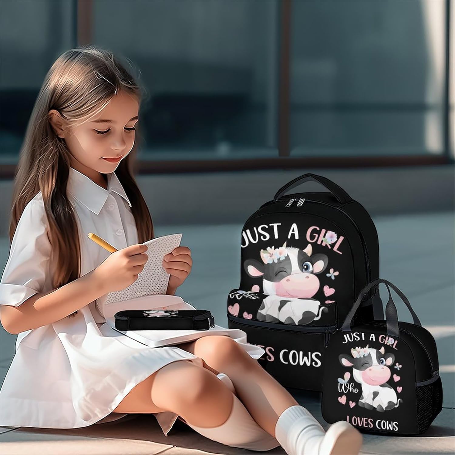 Cow Backpack with Lunch Box, Set of 3 School Backpacks Matching Combo, Cute Bookbag And Pencil Case Bundle