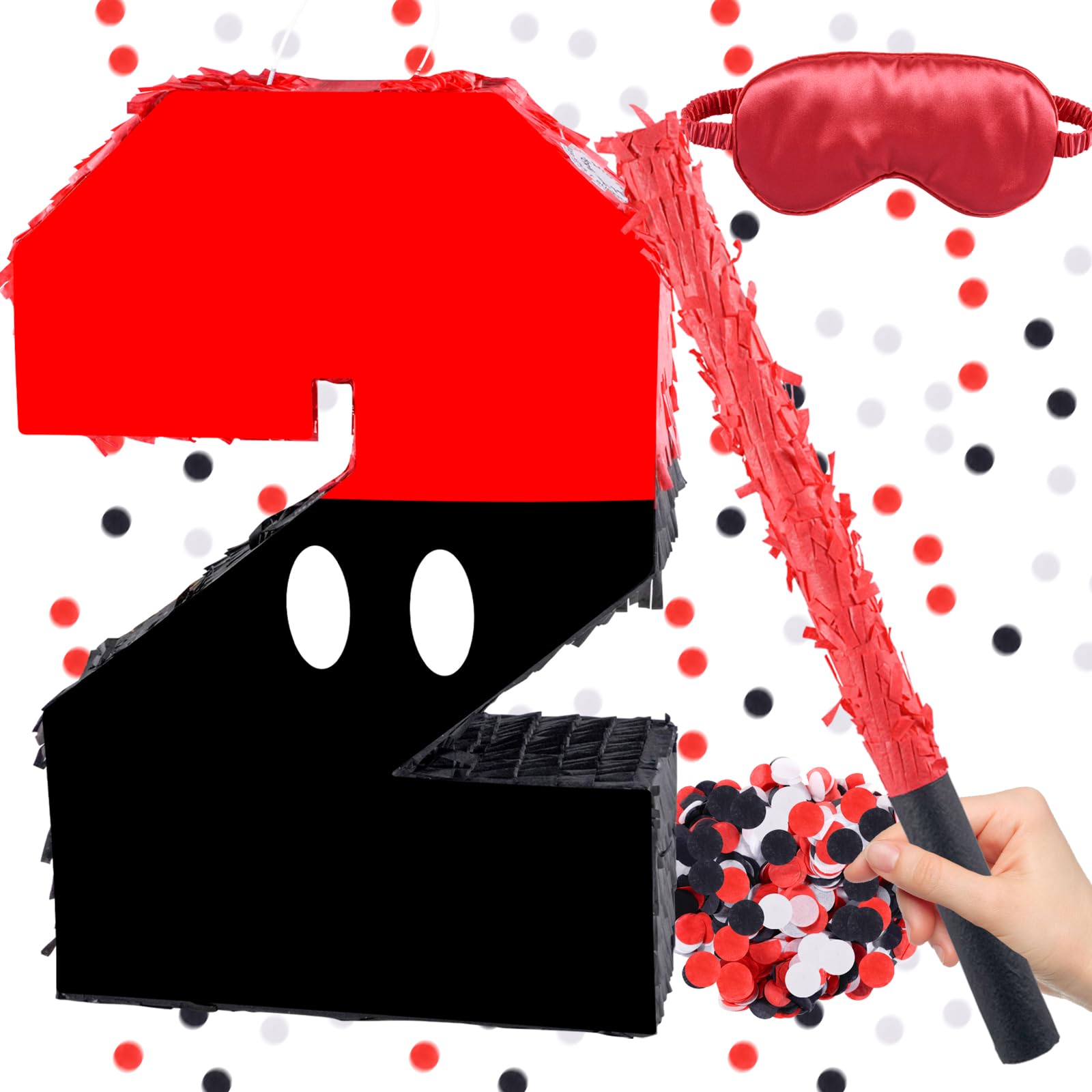 Red & Black Pinata, Number 2 Birthday Pinata with 16 Inch Piñata Stick Blindfold Confetti for 2nd Kids Boys Girls Birthday Decorations Party Supplies, 16? x 11? x 3?(2nd)